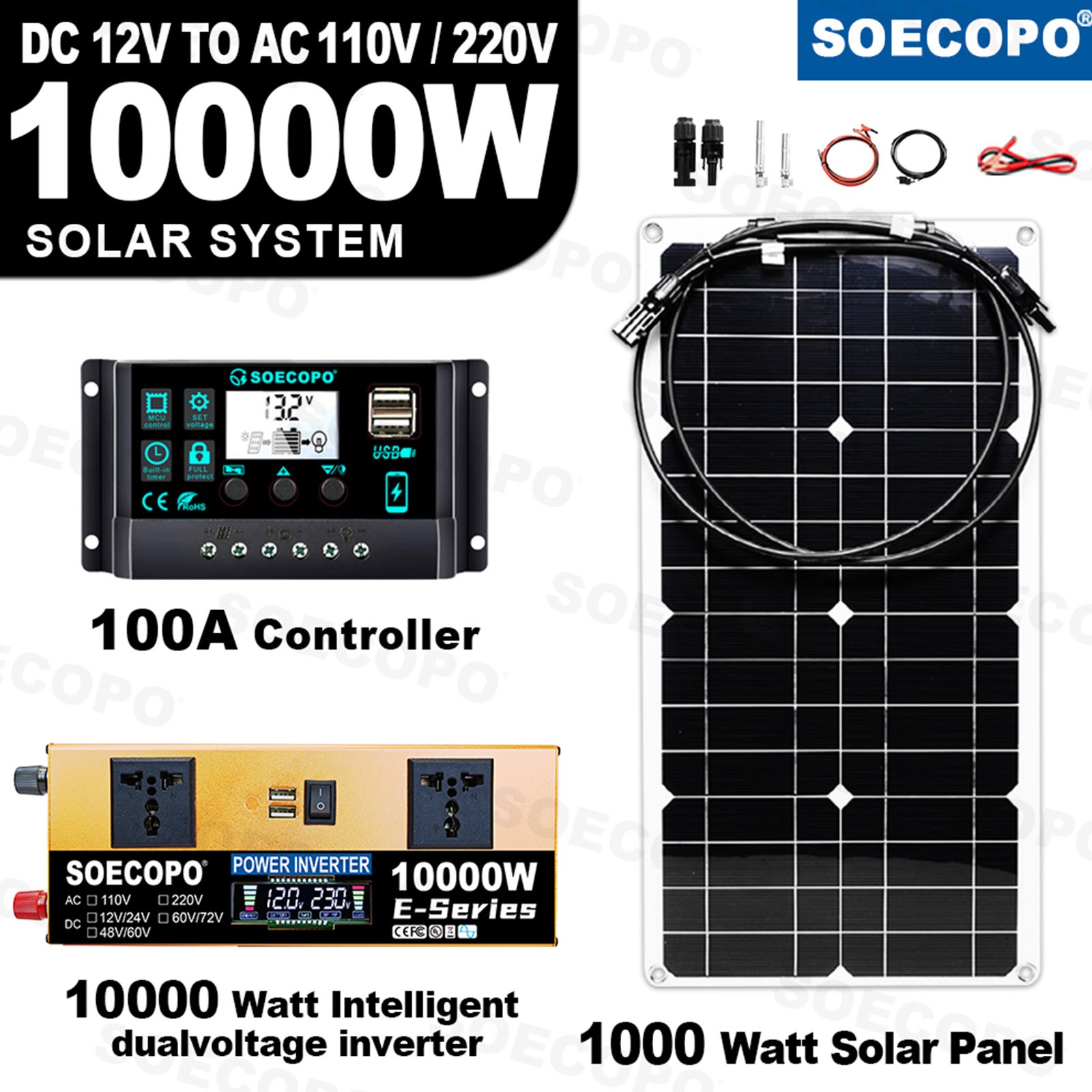 10000W Solar Power System Kit, 12V24V to 110V/220V Inverter Flexible Panel