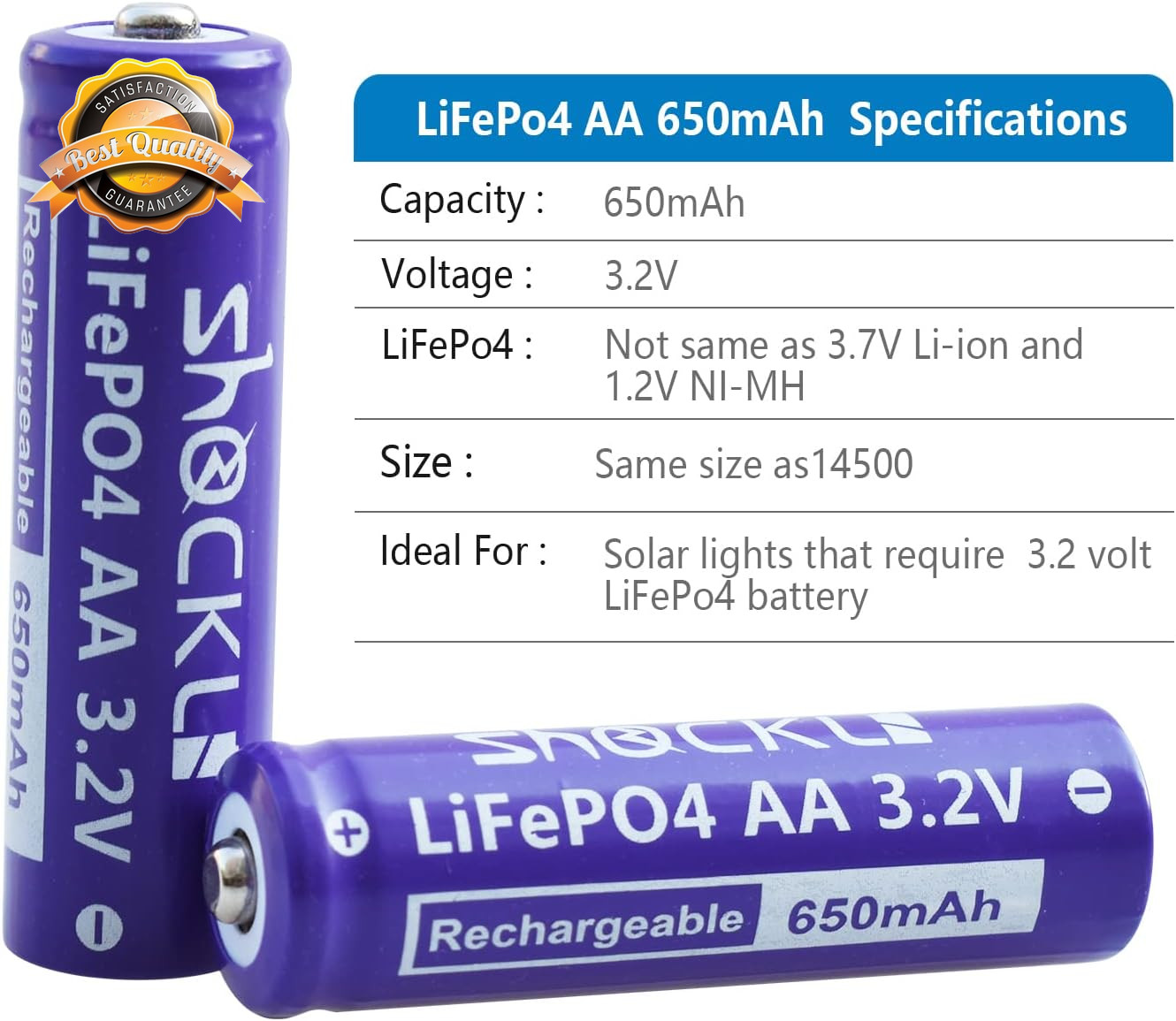 LiFePO4 AA Rechargeable Battery 3.2V 650mAh 8 Pack Solar Cell