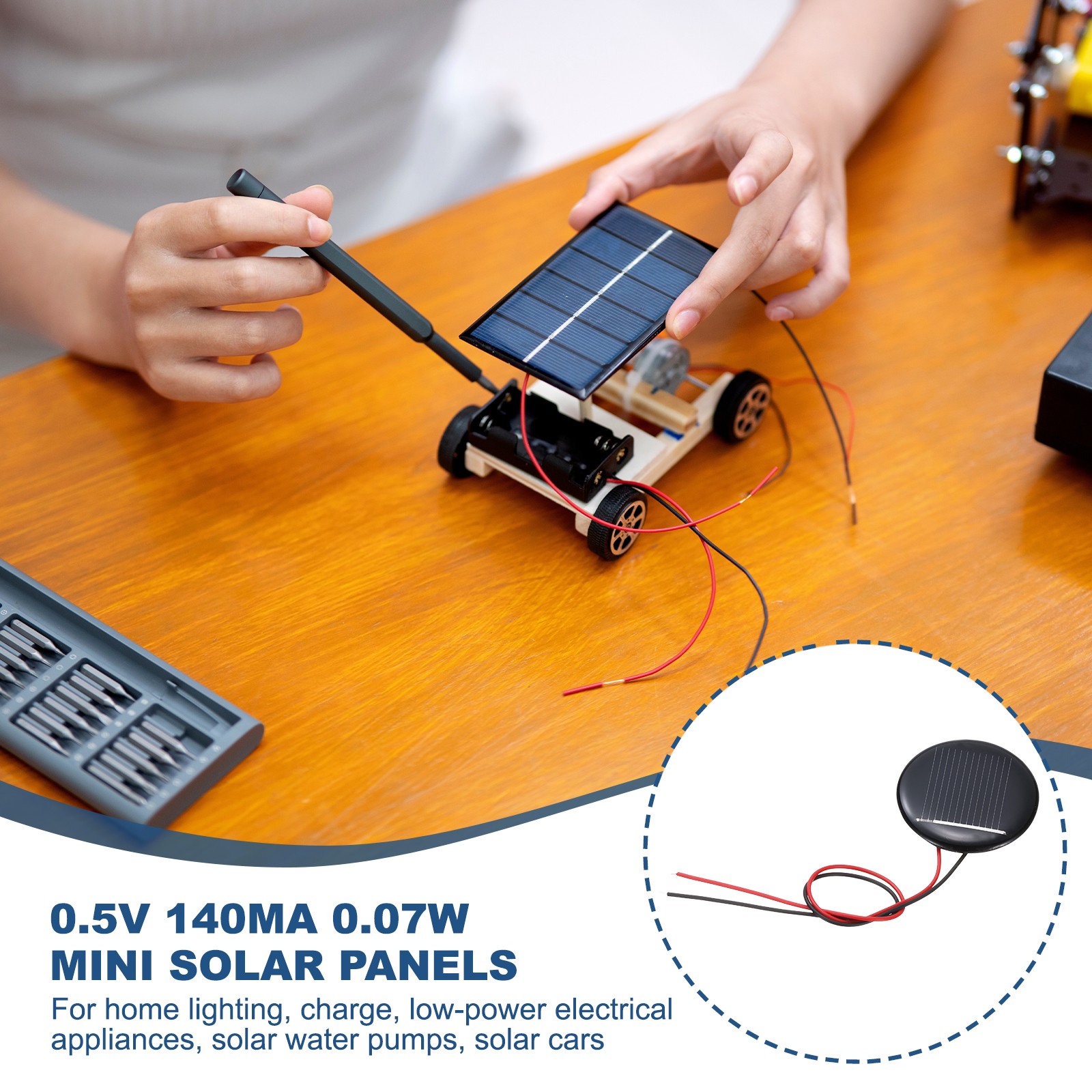 2Pcs 0.5V 0.07W 140mA Round Mini Solar Panels with Cable