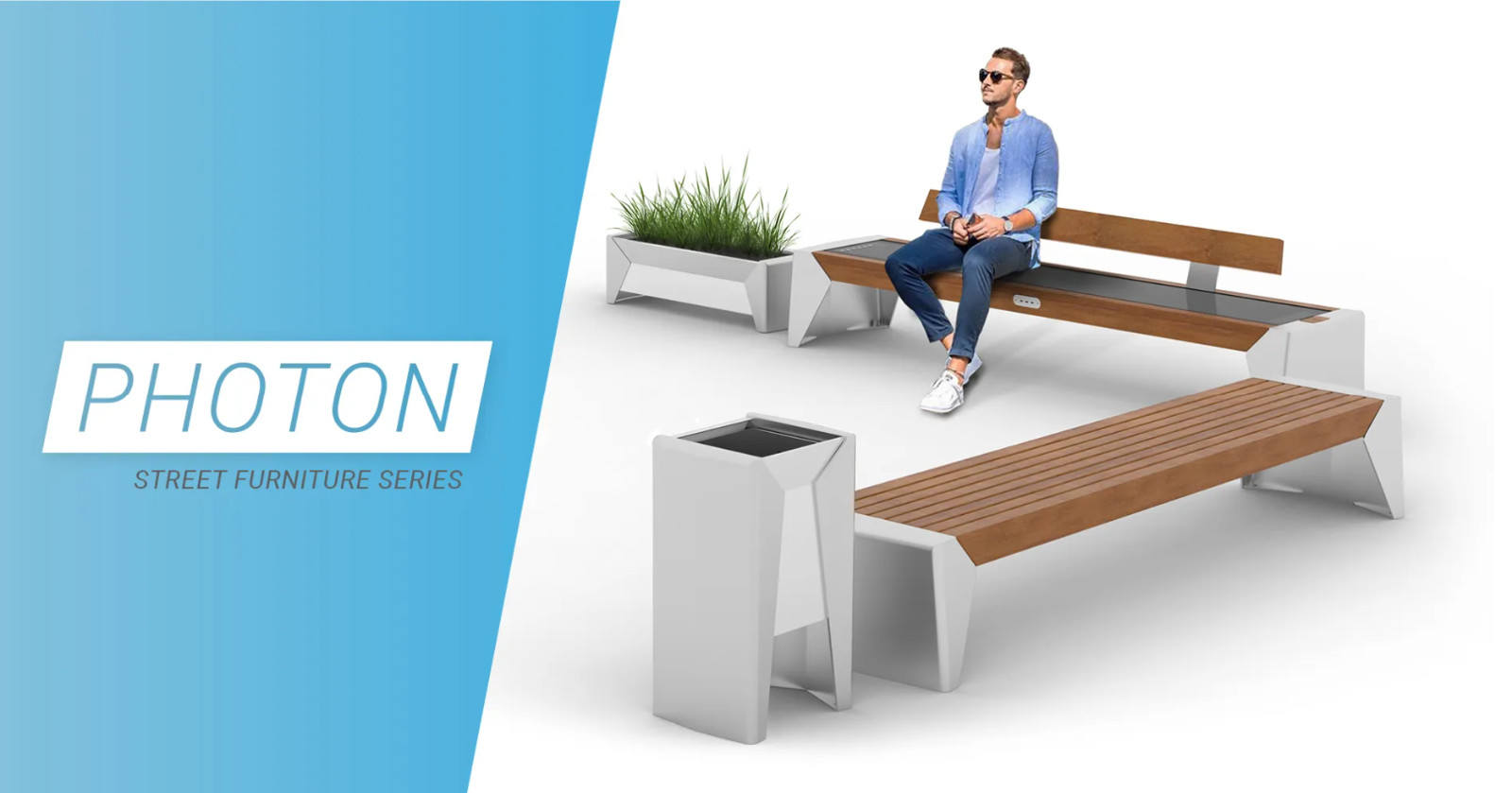 Modern Solar outdoor bench Photon. WIFI, lighting & charging station. USB ports