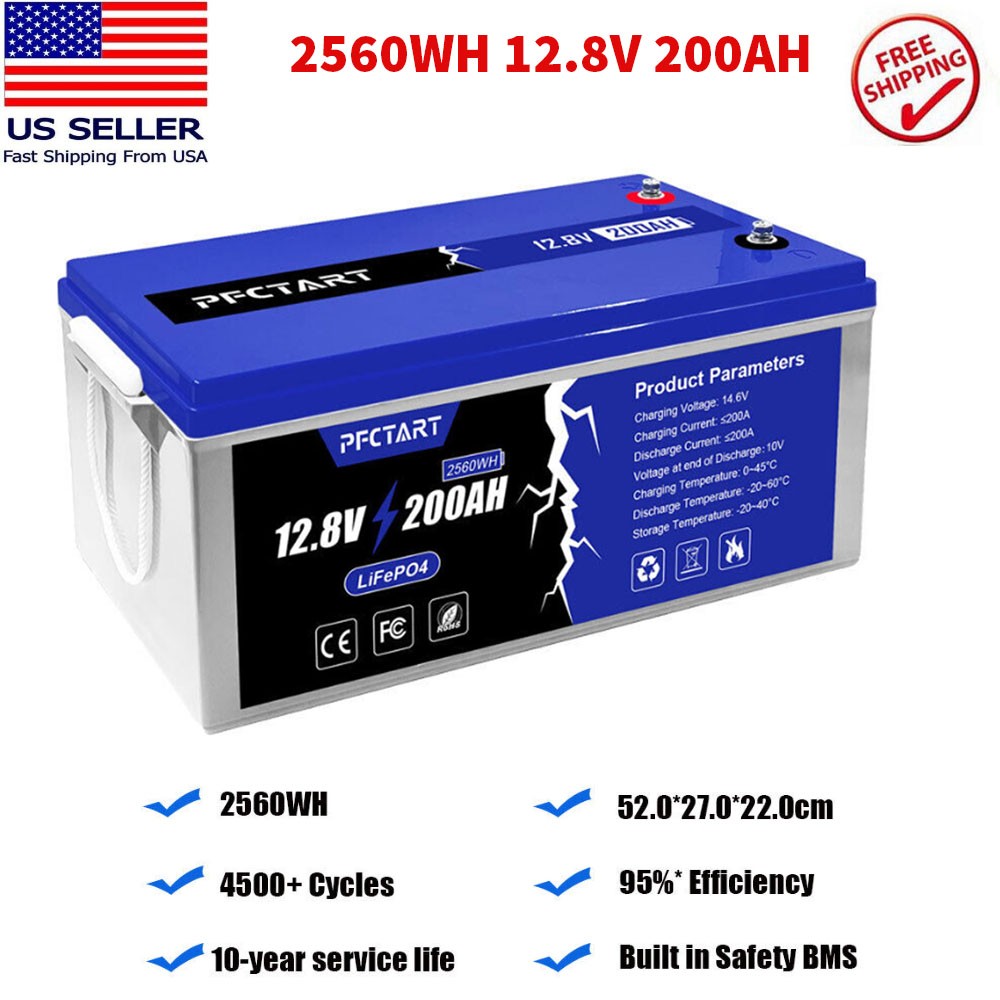 PFCTART 12.8V 200AH LiFePO4 Deep Cycle Lithium Battery for RV Camping Off-Grid