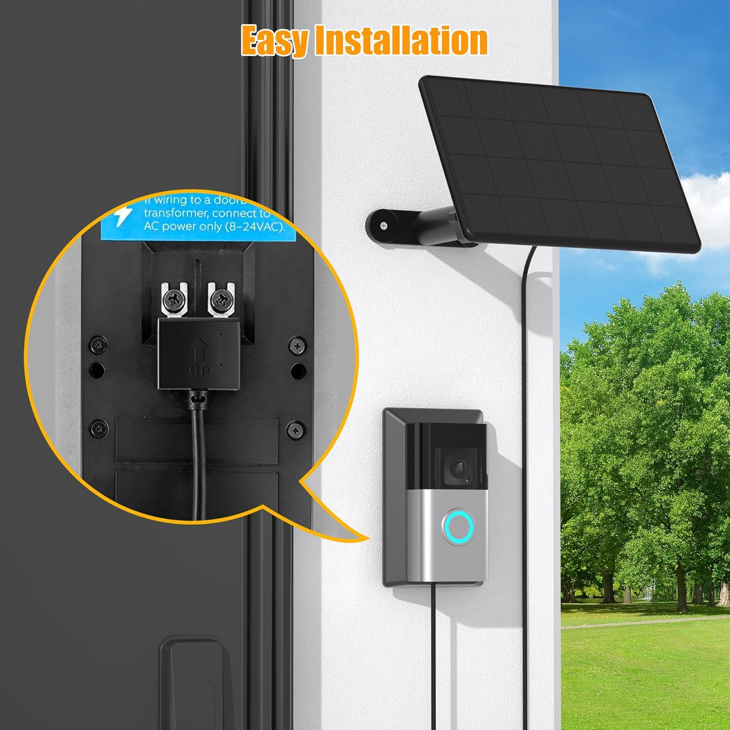 Solar Charger for Ring Video Doorbell 3/4 with Adjustable Mount and 10Ft Cable