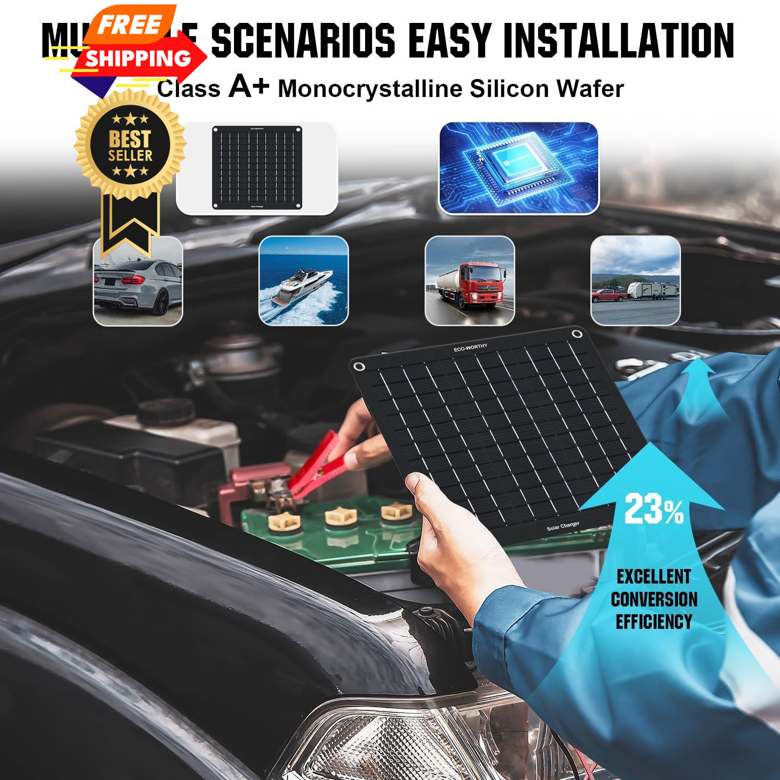 ECO-WORTHY 10W Solar Car Battery Charger Maintainer 12V Waterproof 10W, Black
