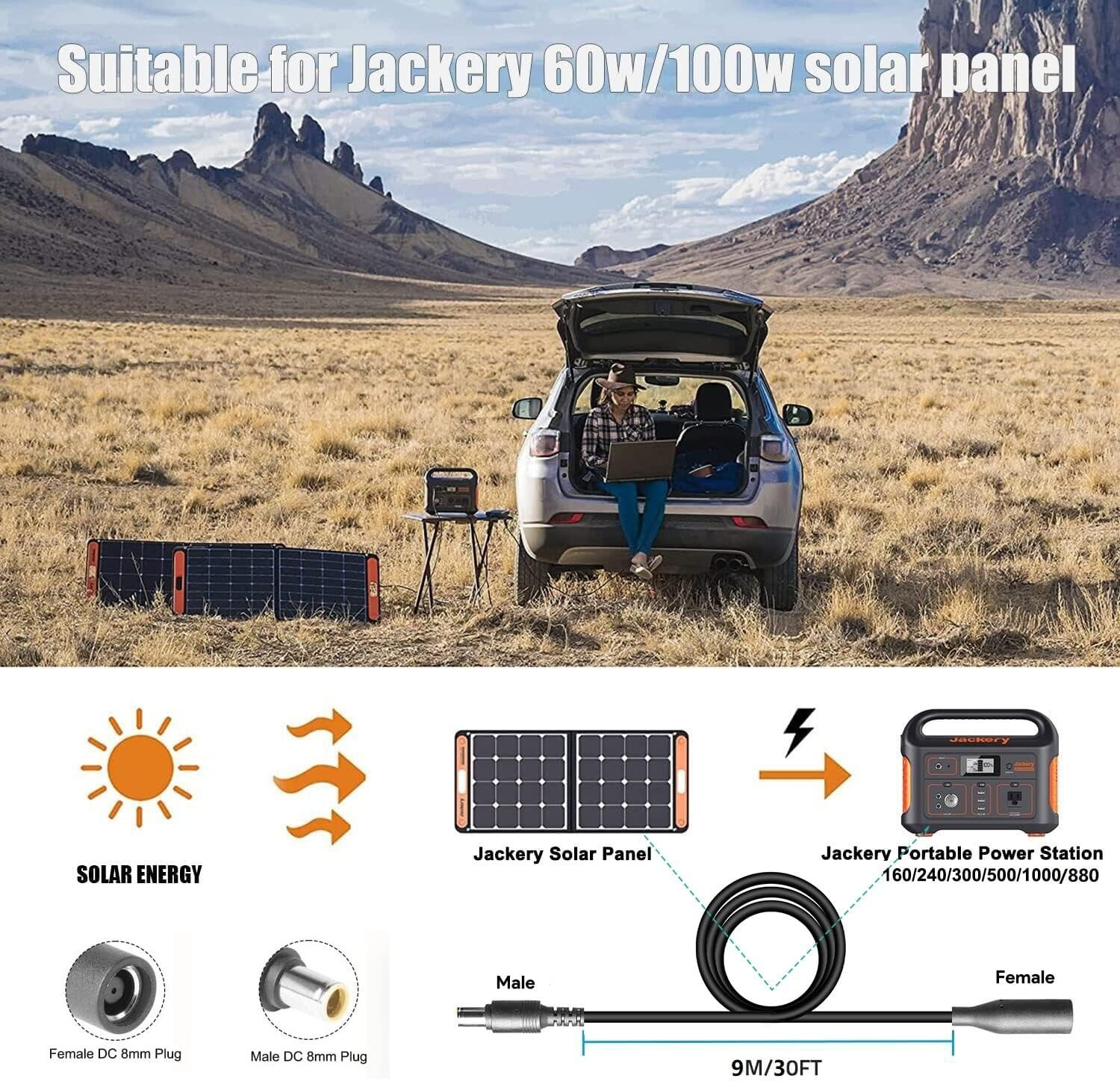 30Ft Extension Cable 14AWG DC7909 Solar Extension Cable Fit Jackery/Anker/Bluett