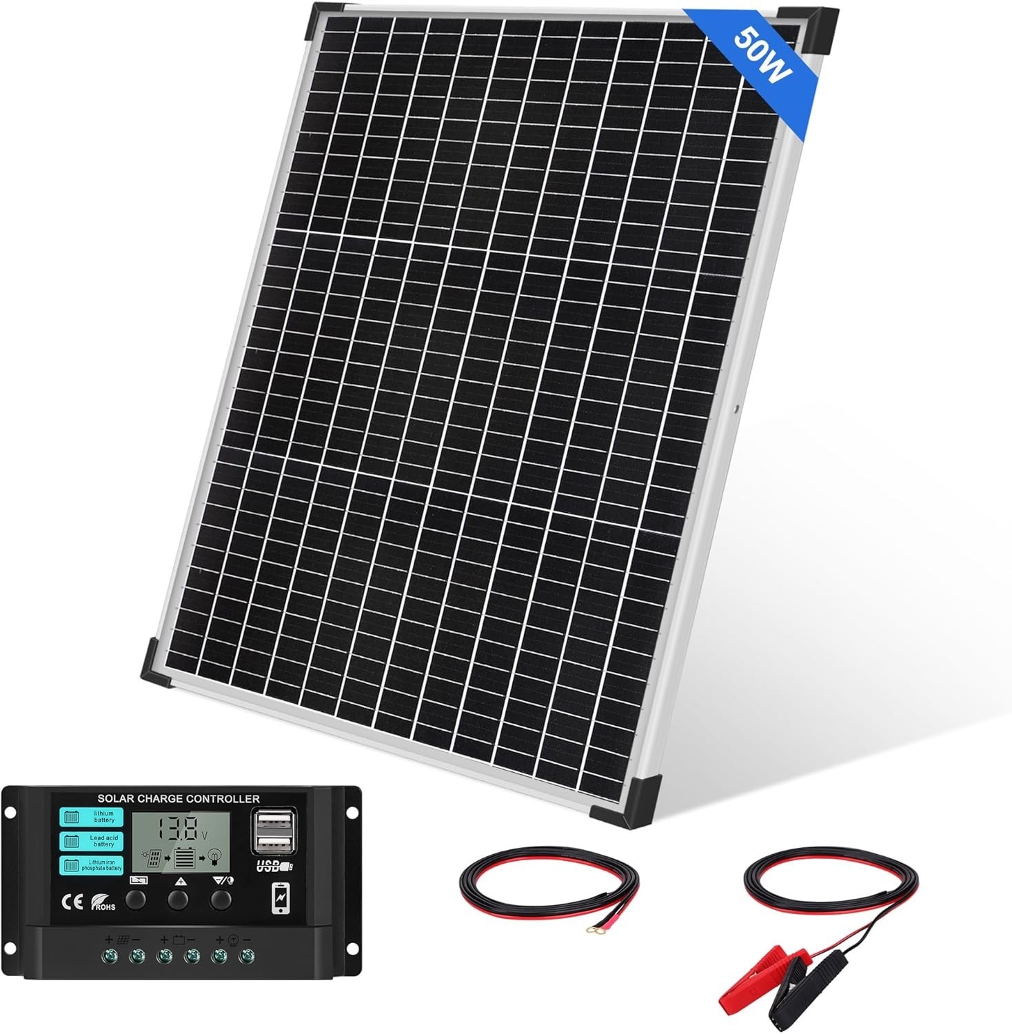 50W Solar Panel Kit with 12V/24V 10A PWM Charge Controller High Efficiency Mo…