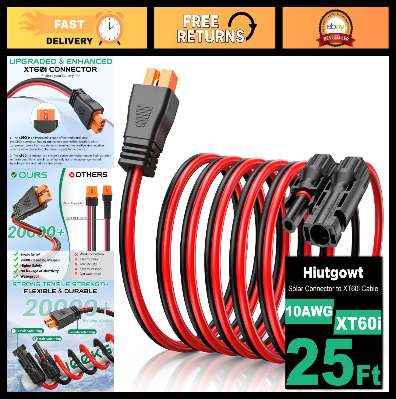 25FT 10AWG Solar XT60i Cable, Solar Panel Connector Extension for Power Station