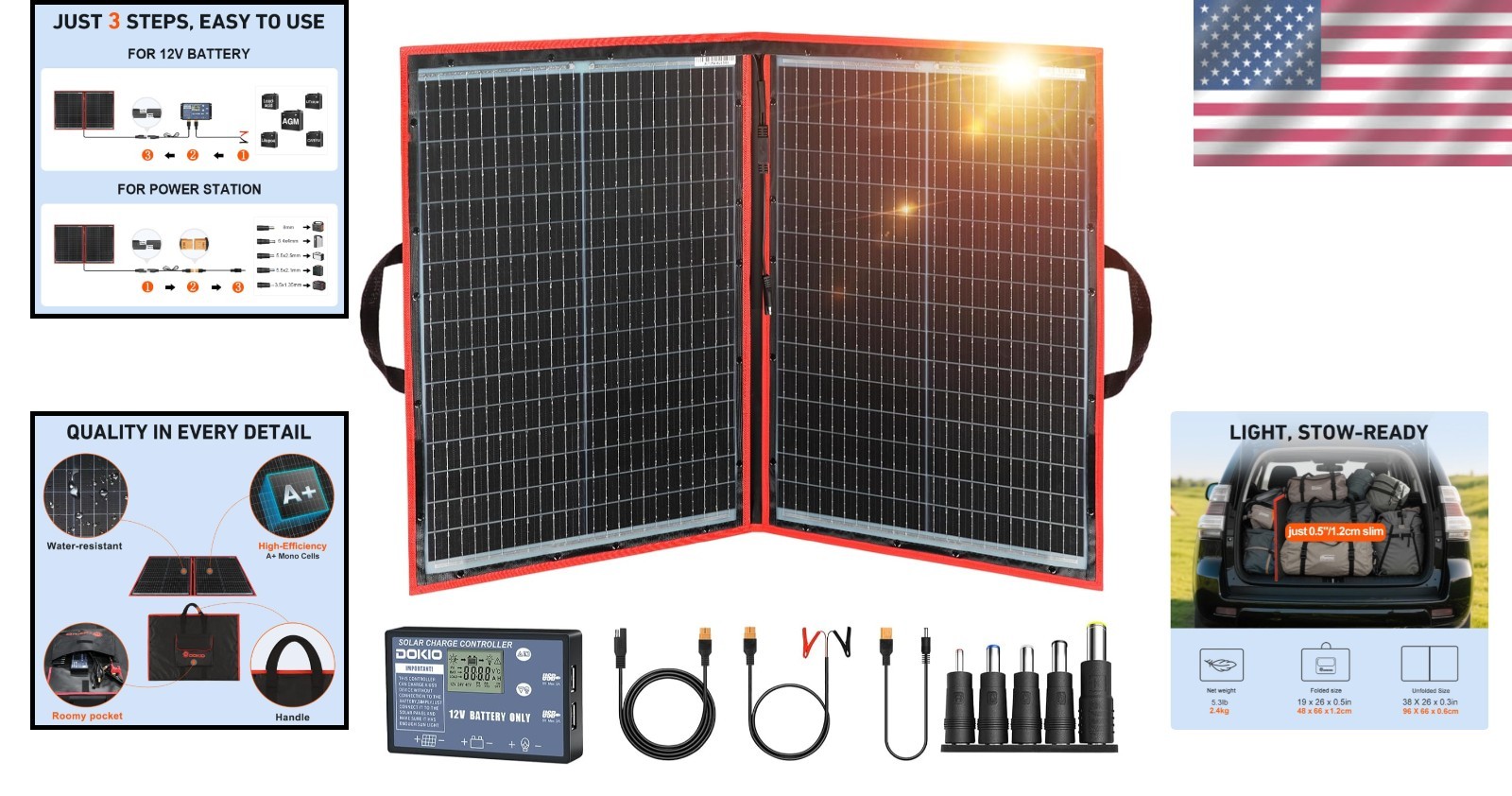 Portable Solar Panel Monocrystalline 100W Foldable Kit with USB Controller fo…