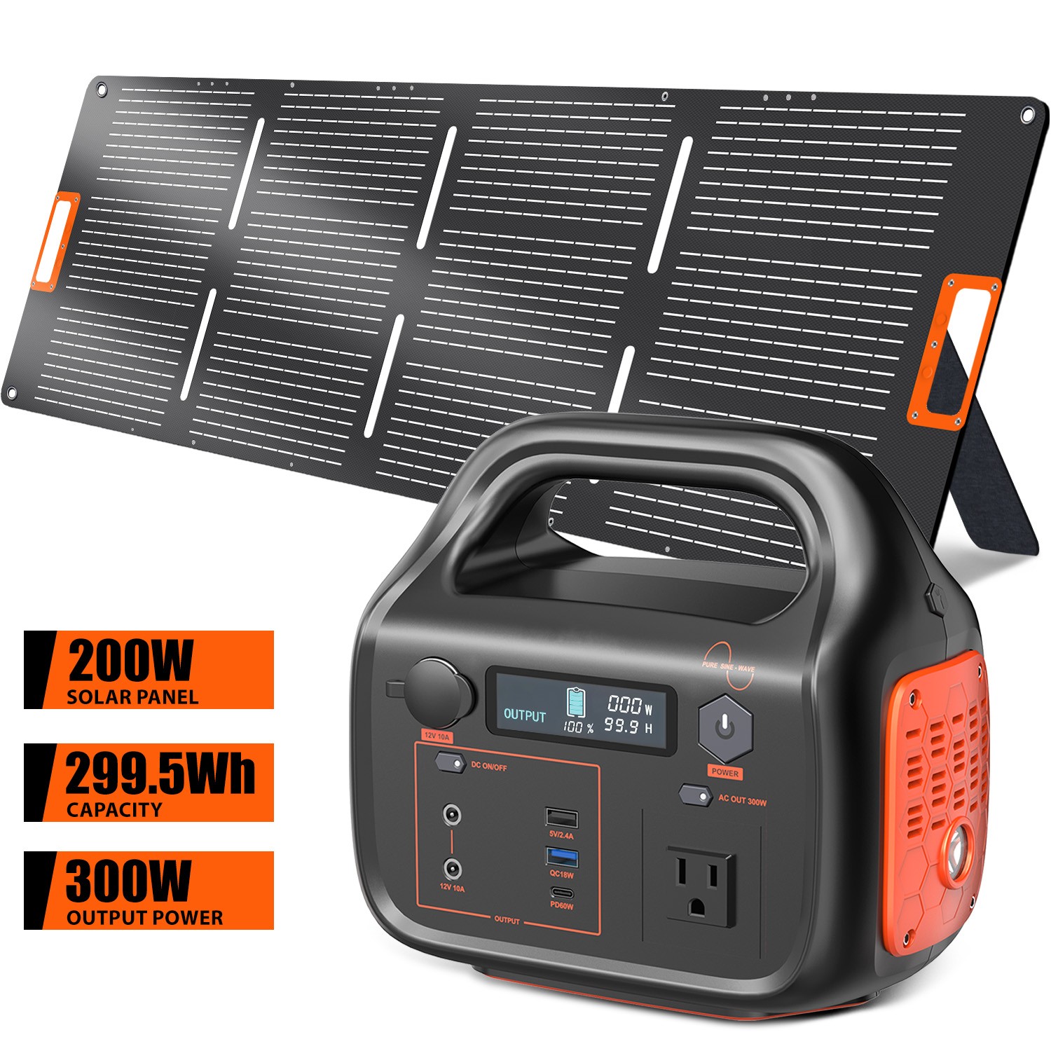 Portable Power Station 296Wh 300W Solar Generator with 200W Solar Panel Backup