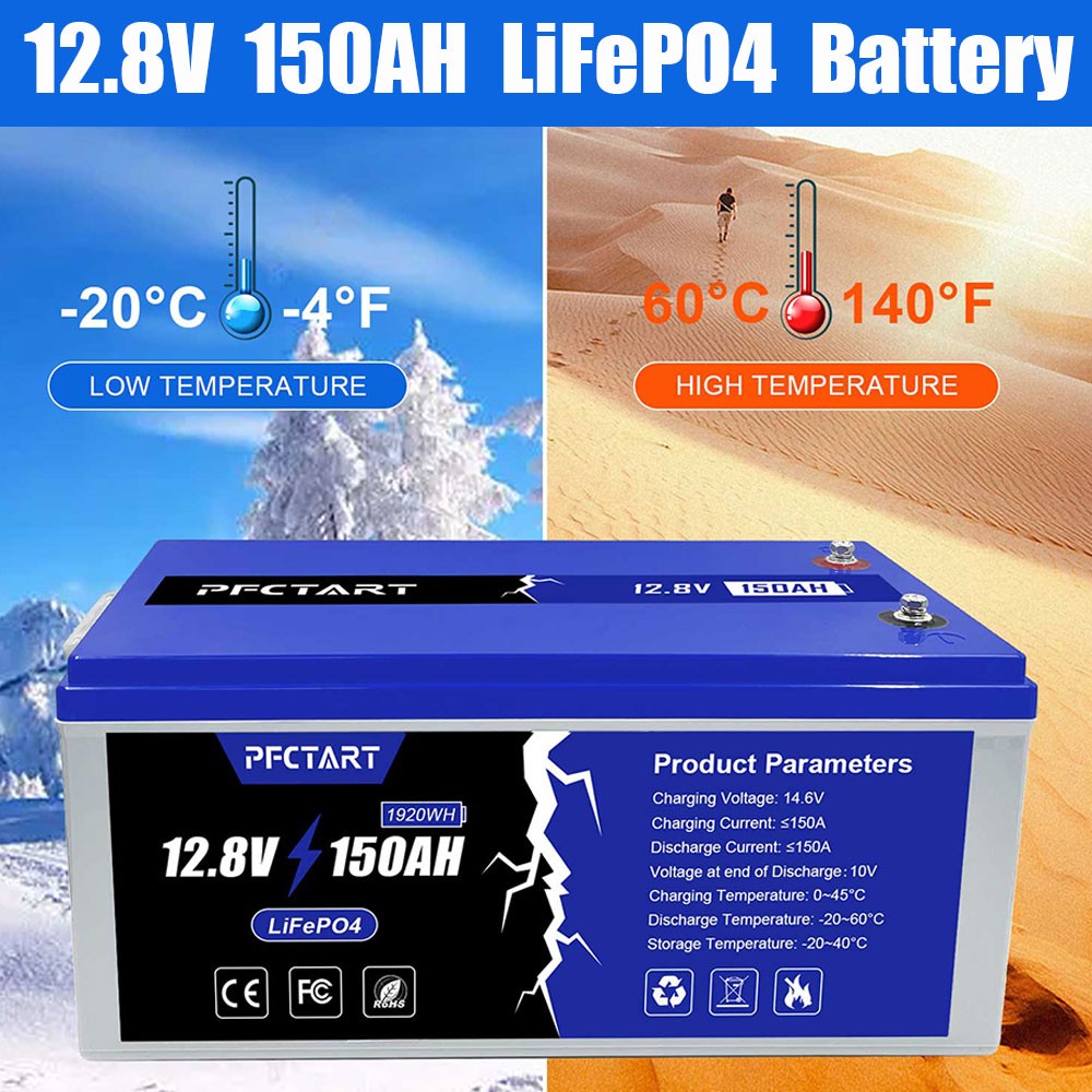 PFCTART 150AH LiFePO4 Lithium Battery Built-in Smart BMS for Solar RV Camping