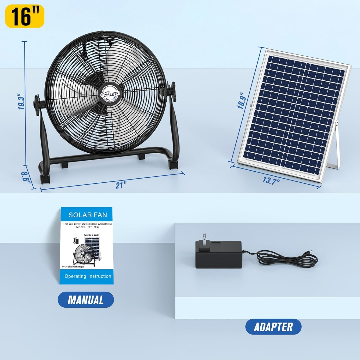 16″ Solar Powered Fan with 20W Solar Panel & Rechargeable Battery, Portable, Qui