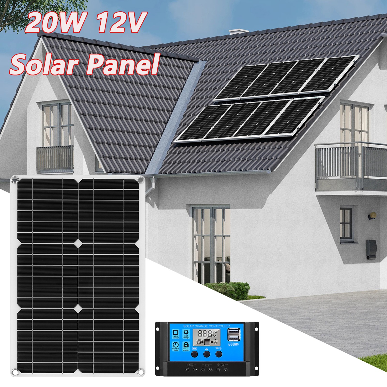 20W 12V Charging Off-Grid Battery Solar Power RV Home Boat Camp Solar Panel Kit