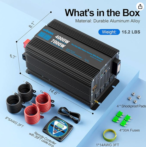 GIANDEL 4000W Pure Sine Wave Inverter 12V to 110V 120V Remote Bluetooth App