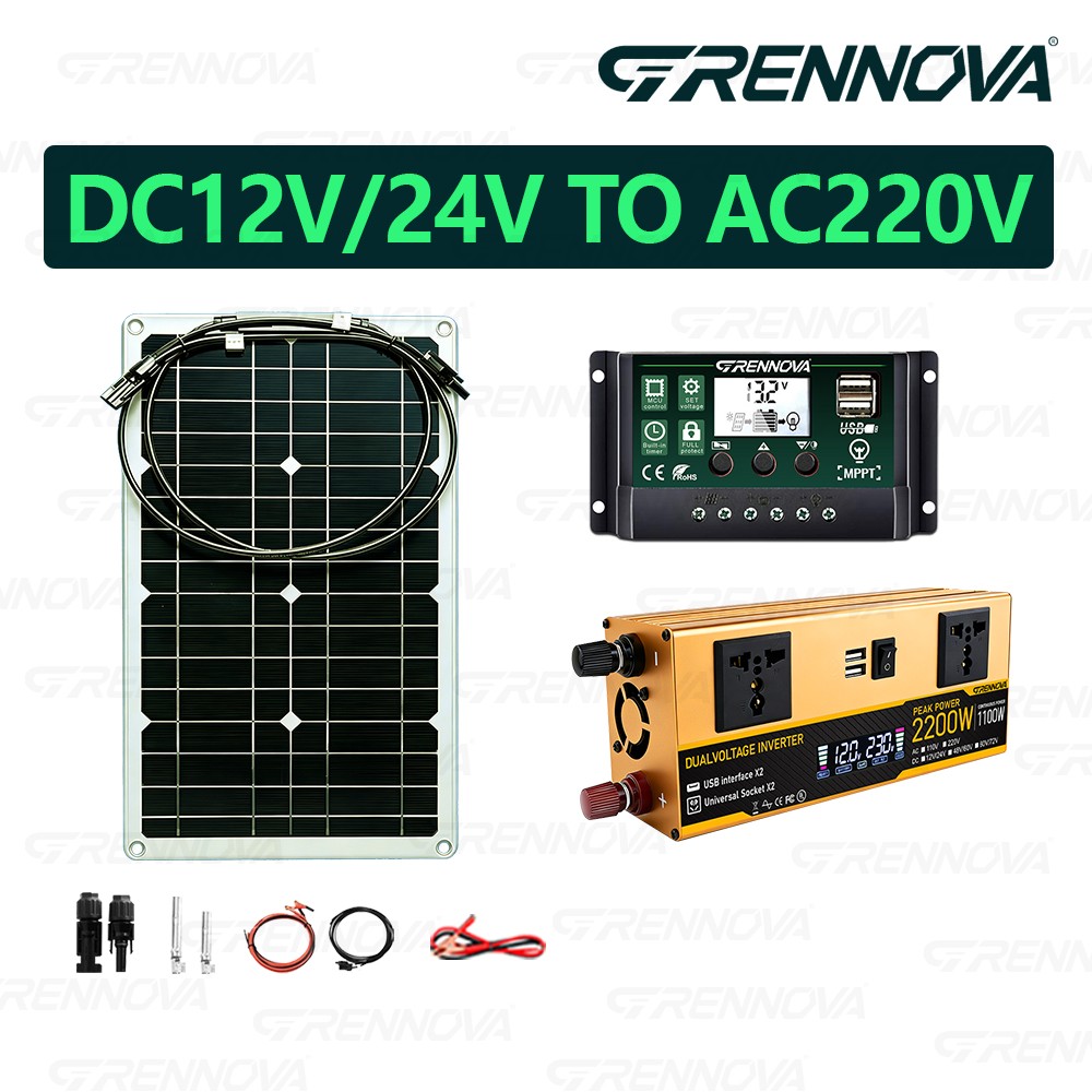 Grennova 2200W All-in-One Solar Starter Kit Mono 80W Panel 12V/24V To 110V/220V