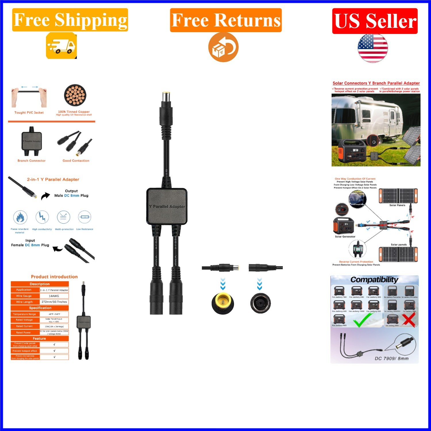 2-in-1 DC8mm Y Branch Parallel Adapter Cable for Solar Panels & Jackery