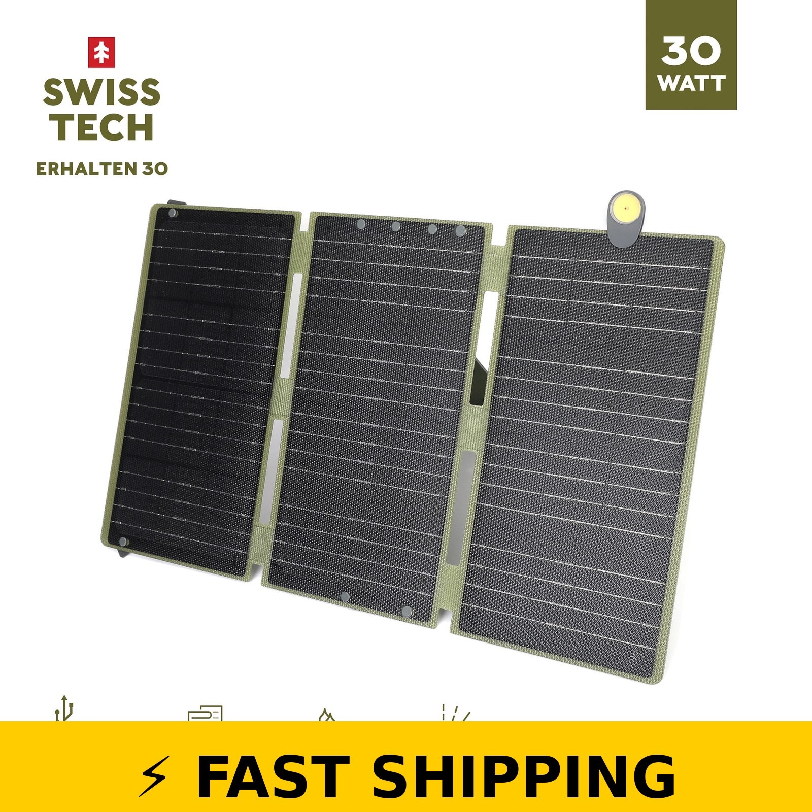 Swiss Tech 30W Foldable Solar Panel USB Charger Waterproof Emergency Use
