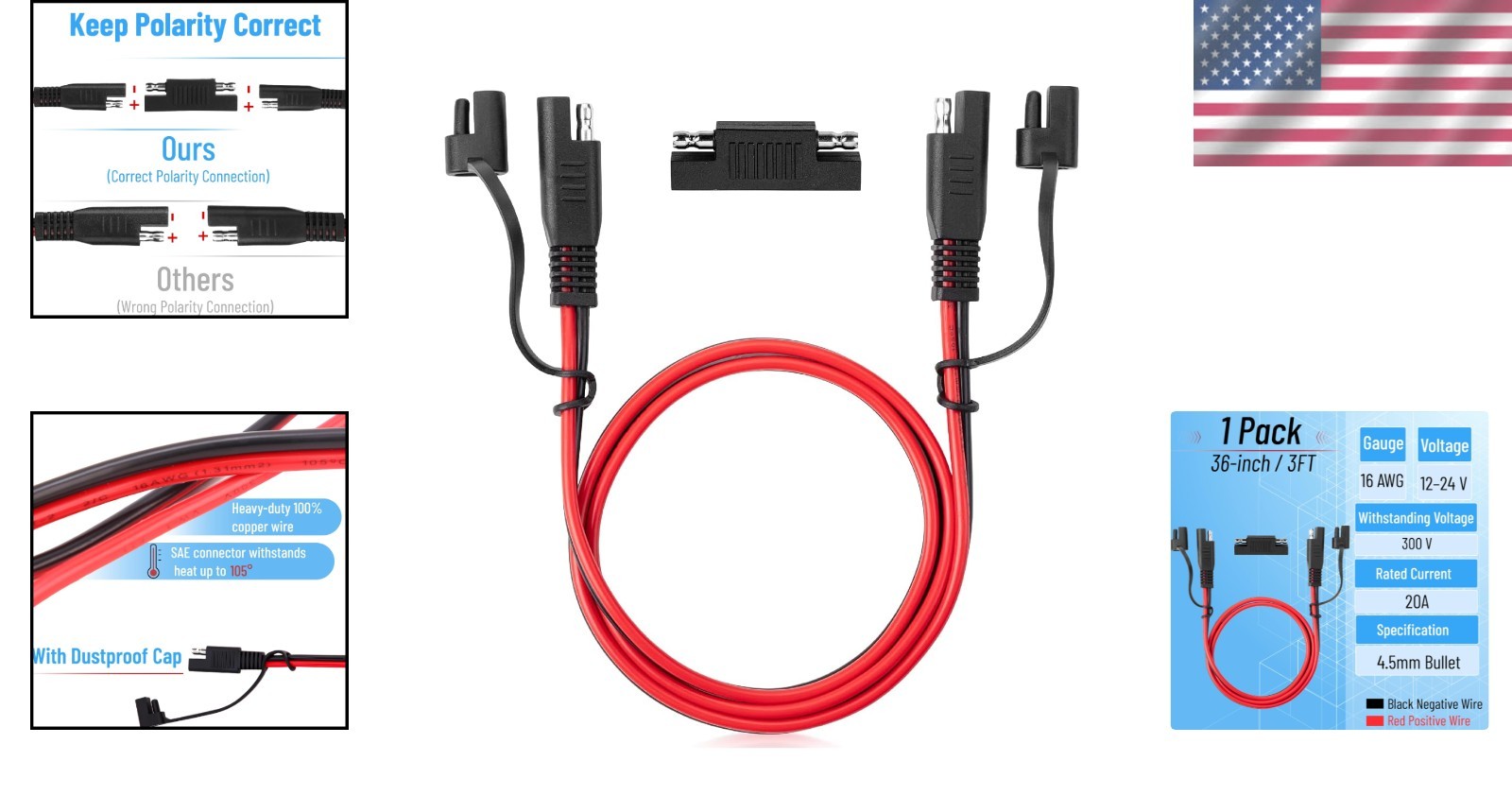Versatile 3 FT SAE Battery Extension Cable – Ideal for Chargers & Solar Systems