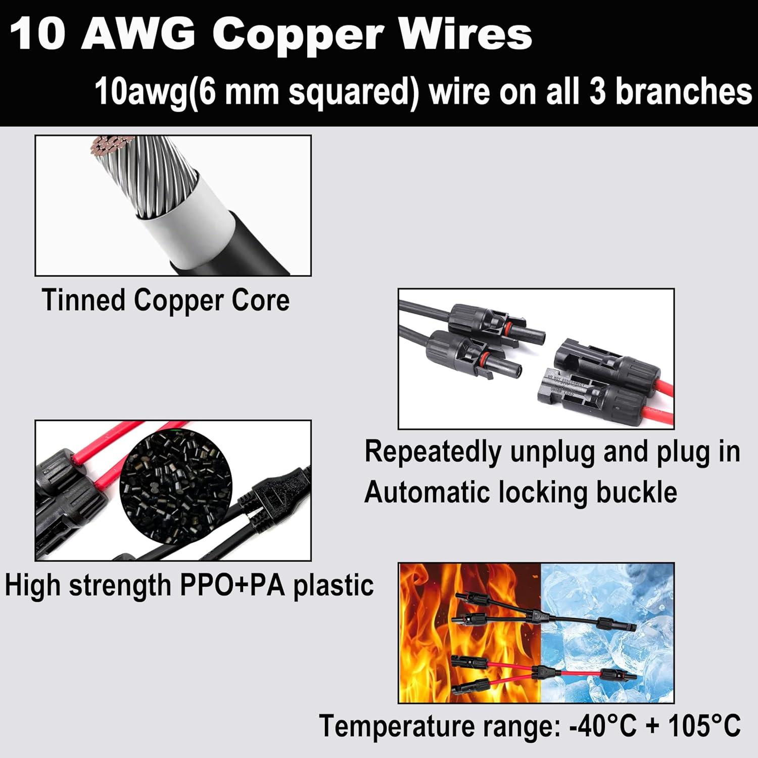 2 Pcs Solar Y Connectors 1-To-2, 10AWG Tinned Copper Wire MC4 Parallel Adapter (