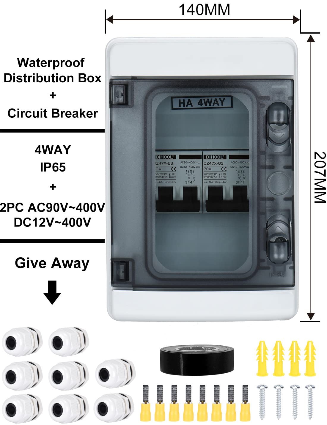 DC Circuit Breaker Box Cover with UV-Proof, 20 Amp Electrical Power Distribut…