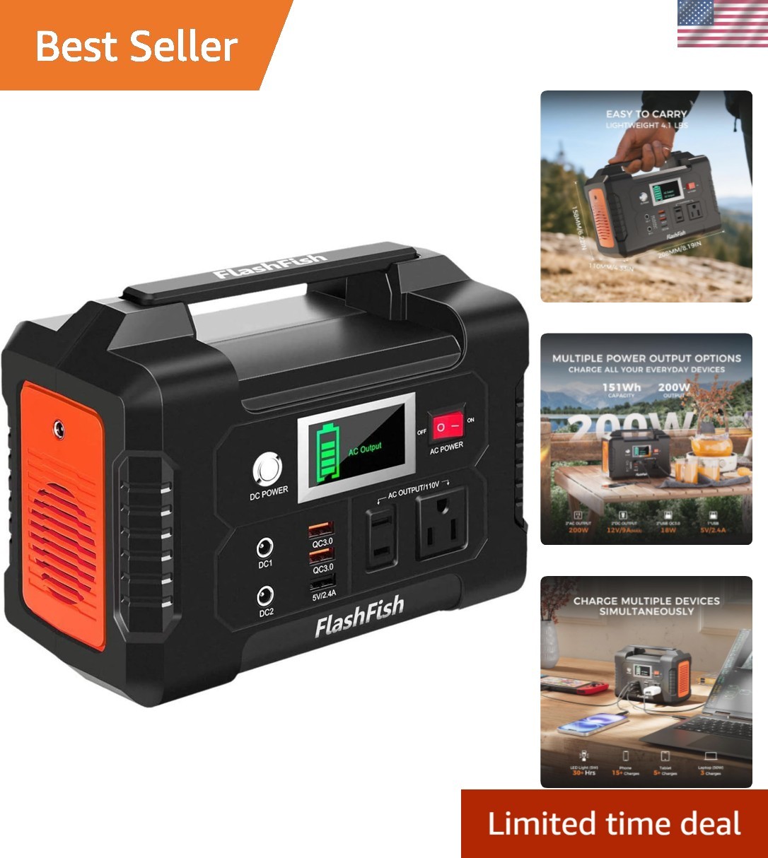 Flashfish 200W Power Station – 40800mAh Battery With AC, DC & USB Outputs
