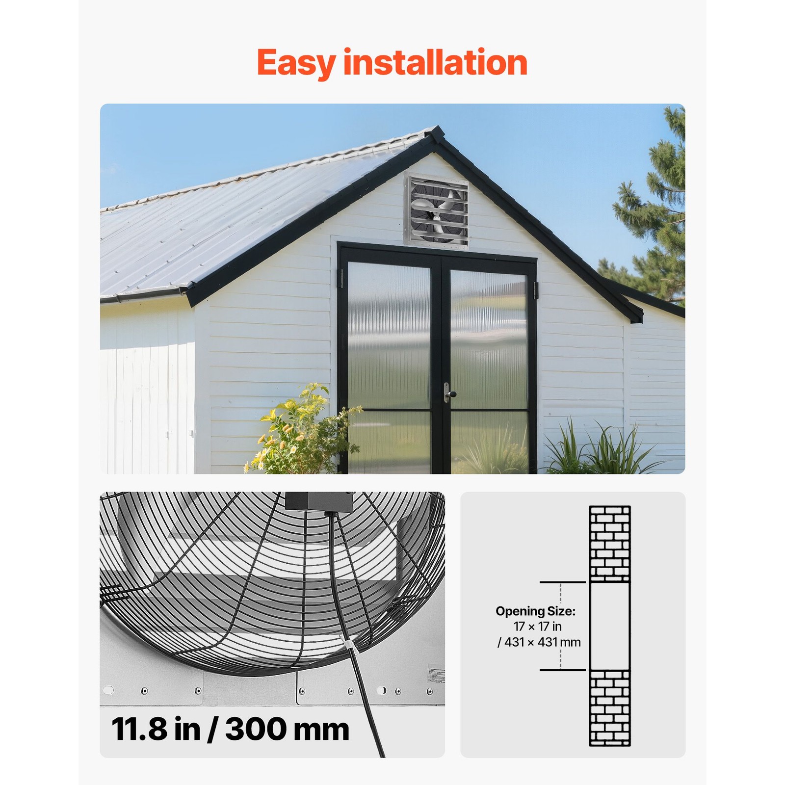 24 Inch Shutter Exhaust Fan Wall Mounted Automatic Louvers Silver, Sturdy Steel