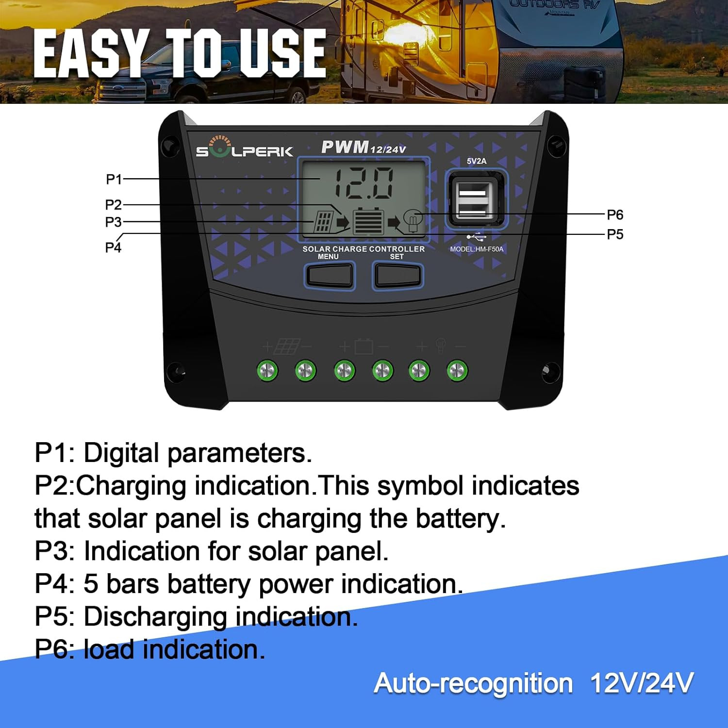50A Solar Charger Controller 12V 24V Auto, Solar Panel Battery Intelligent Regul