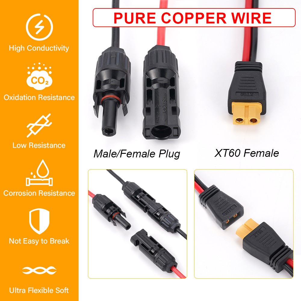 12 AWG XT60 Female to Solar Connector Solar Panel Extension Charging Cable USA