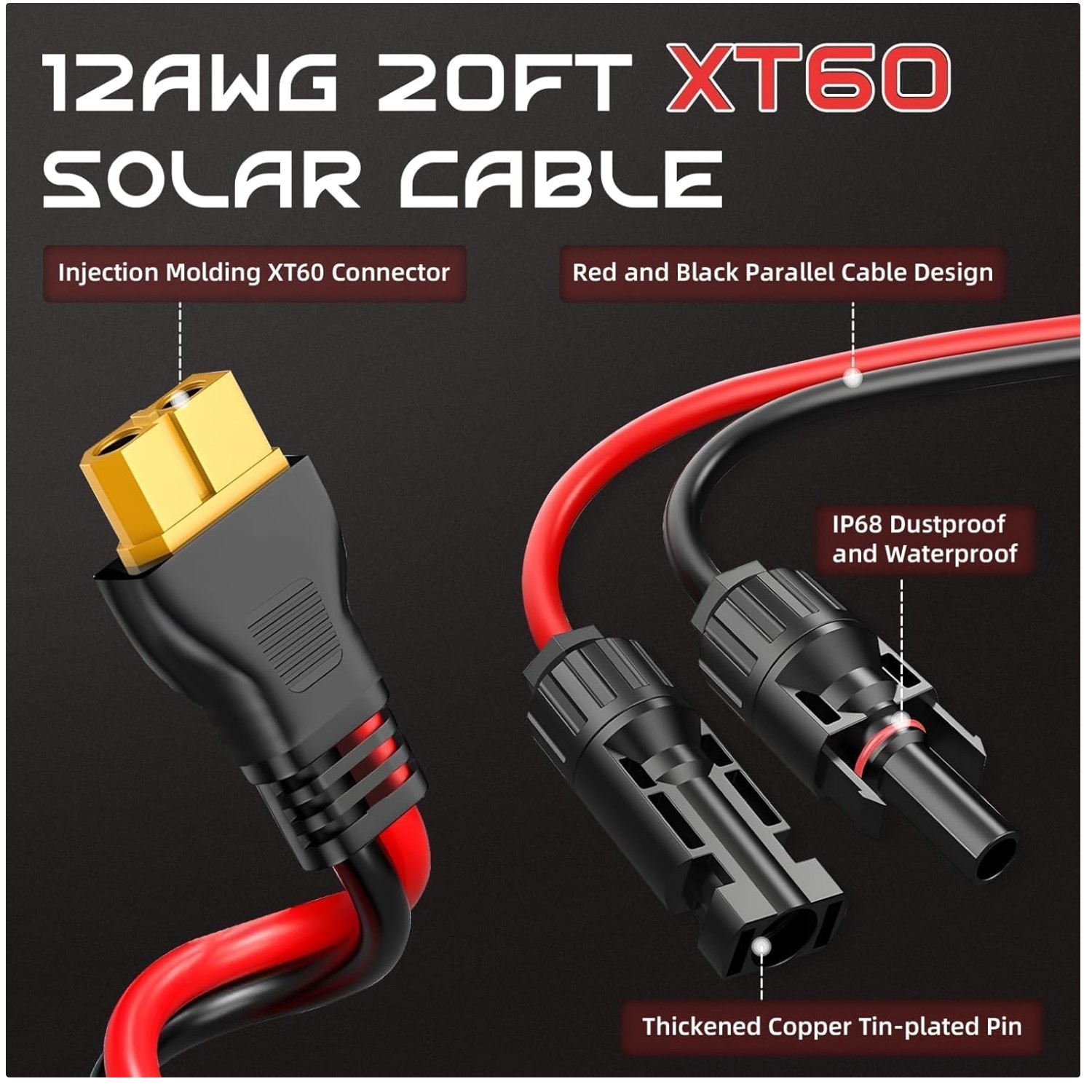 20FT 12AWG XT60 Solar Charging Cable with Caps & Ties