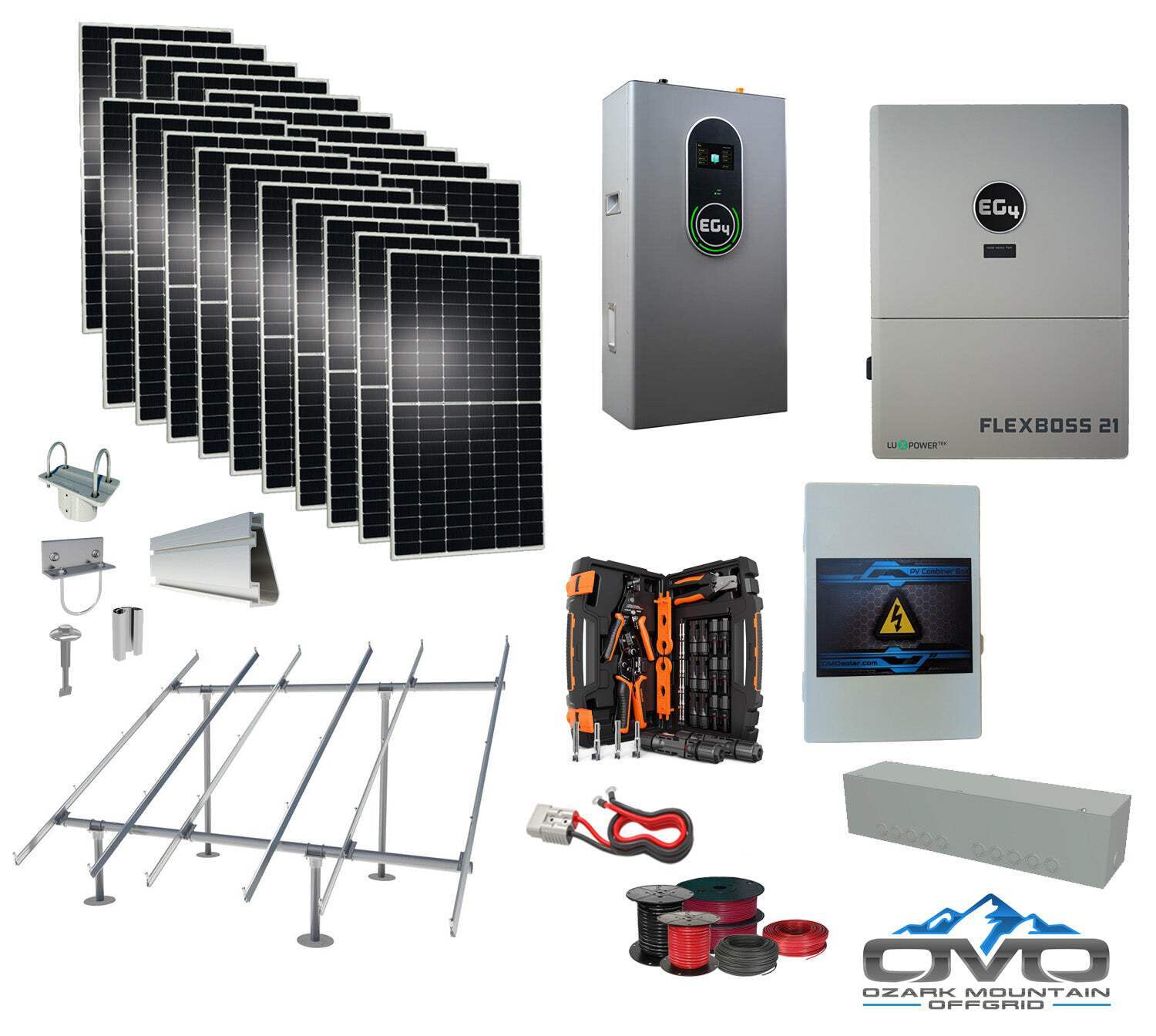 10KW Complete Offgrid Solar Kit + EG4 FlexBOSS21 + 14.3KW 48V EG4 Lithium Indoor