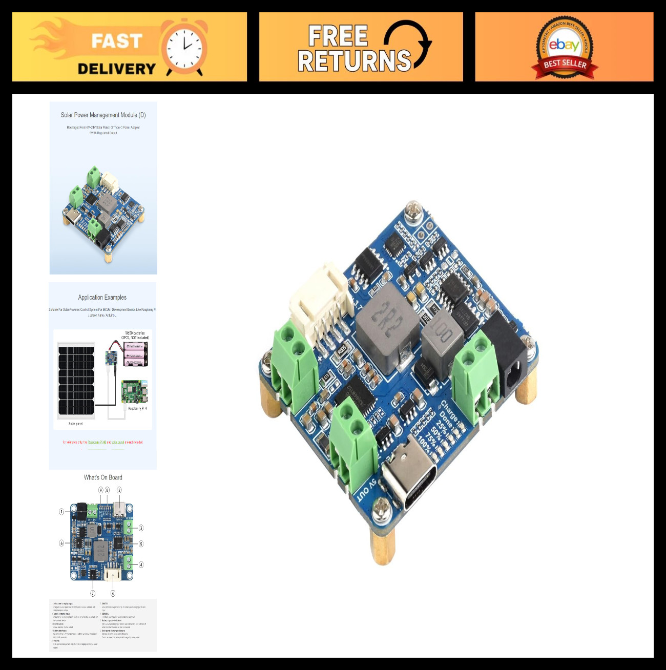 Solar Power Management Module 6V-24V for Solar Panels & Type-C Adapter, MCUs, Ra