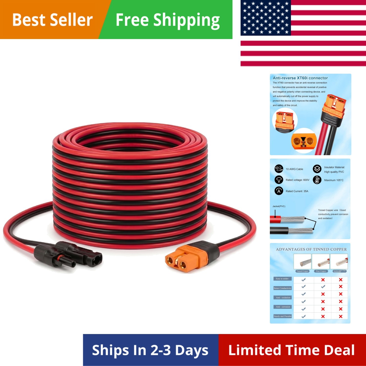 Solar to XT60i Cable 10AWG 20FT Solar Panel to XT60i Adapter Connector XT60i-…