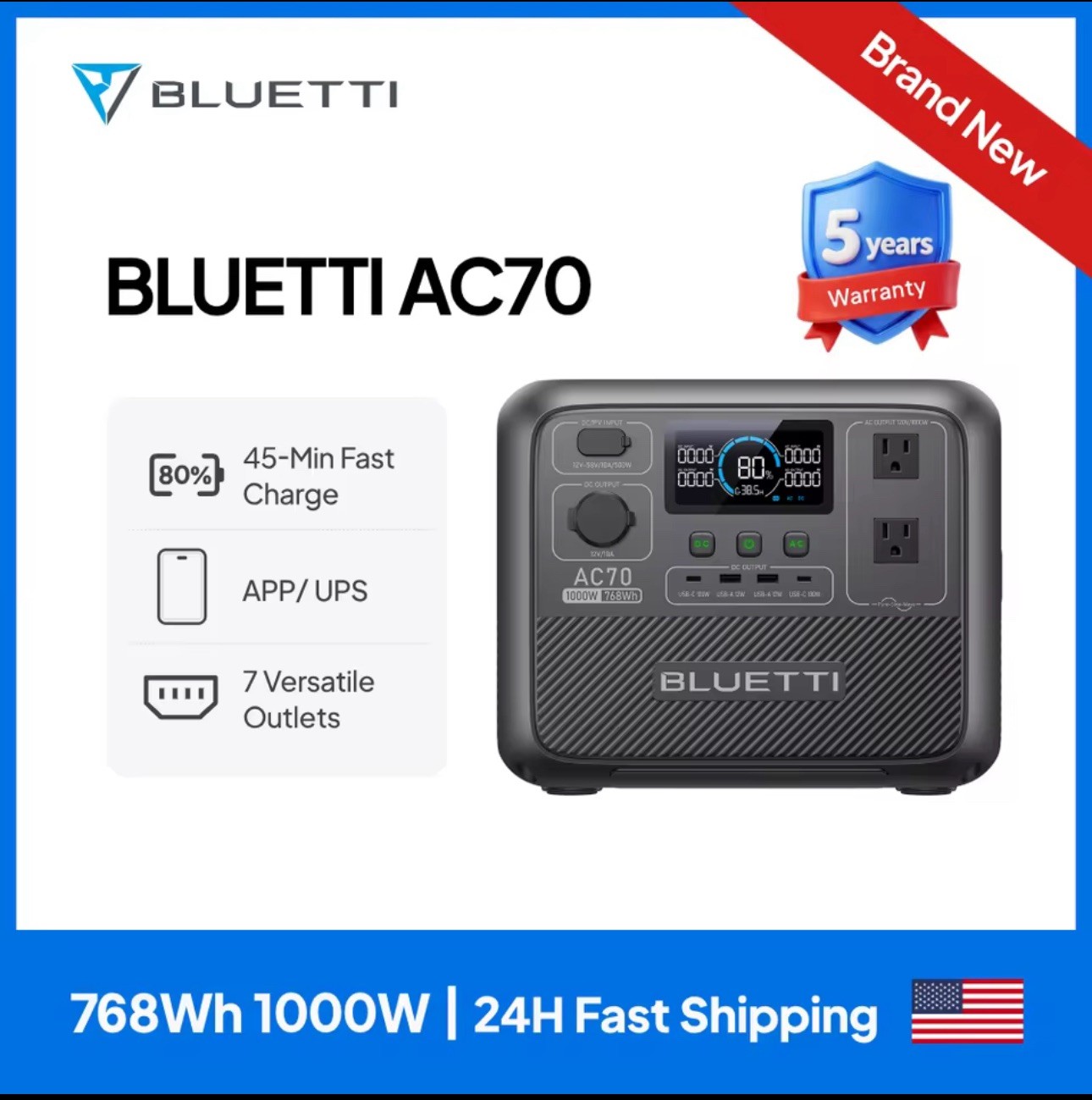 BLUETTI AC70 1000W 768Wh Portable Power Station Solar Generator for Fishing/Trip