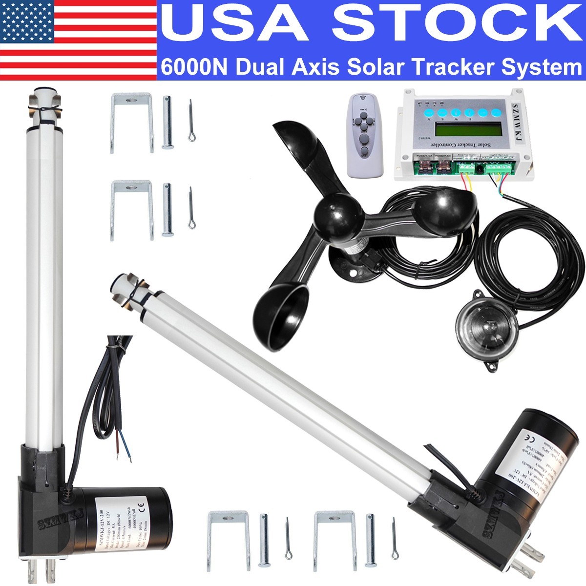 LCD Dual Axis Solar Tracking Kit W/ 2PCS 6000N 16″ Linear Actuator W/ Anemometer