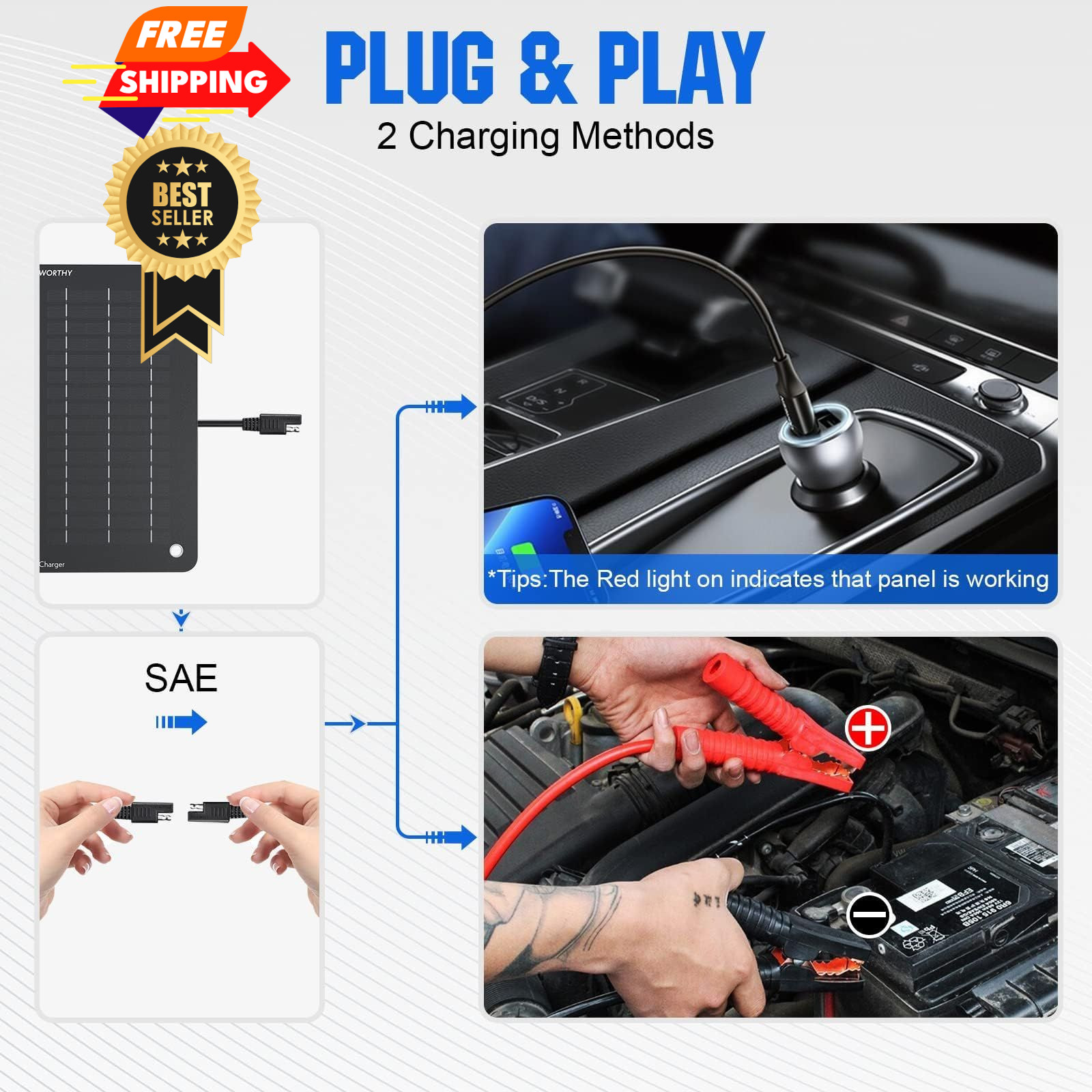 ECO-WORTHY 10W Solar Car Battery Charger Maintainer 12V Waterproof 10W, Black