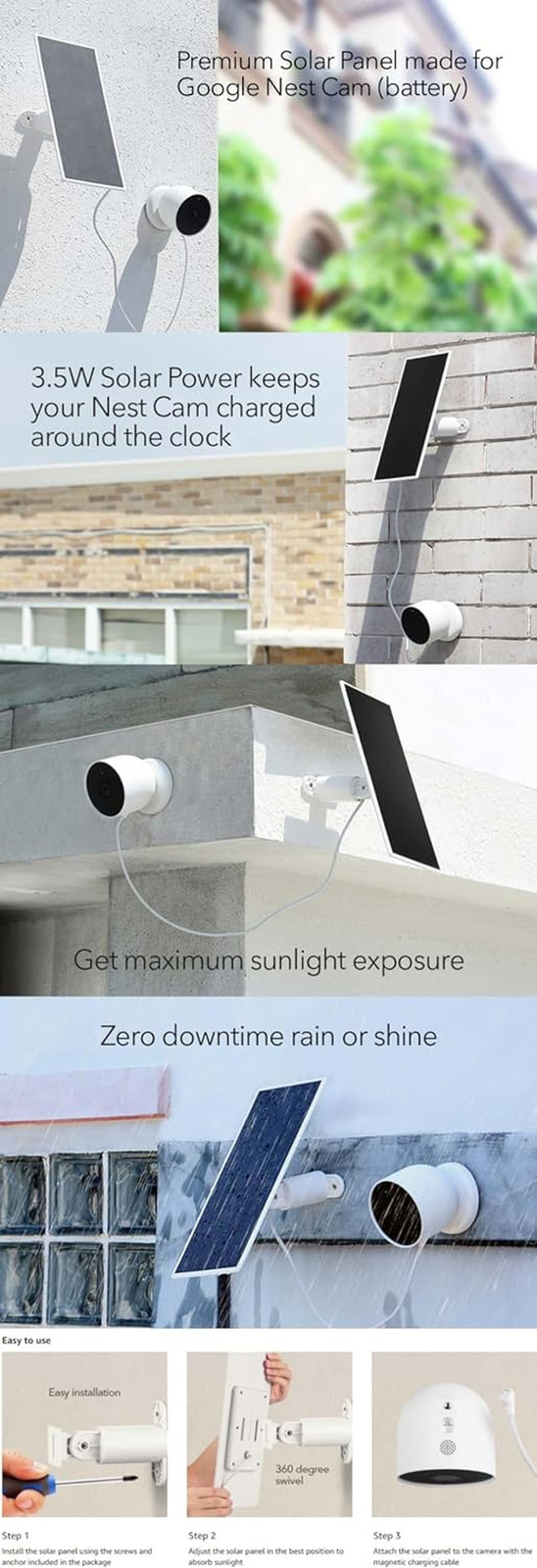 Premium Solar Panel, Solar Panel Charger for Google Nest Cam Outdoor or Indoor,