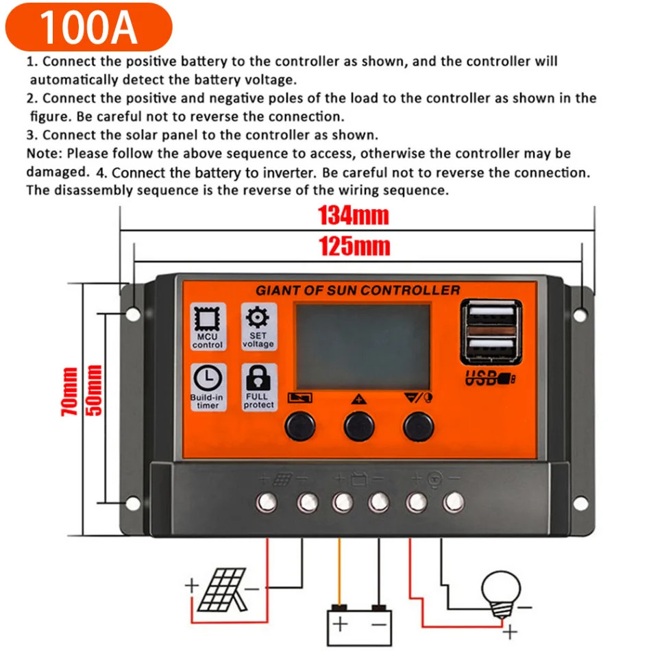 100A PWM Solar Panel Regulator Charge Controller 12V/24V Auto Focus Tracking