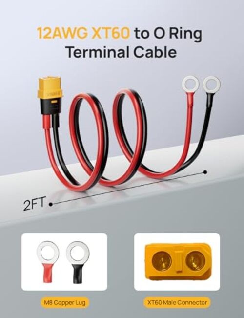 XT60 to O Ring Terminal Cable, 12AWG 2FT XT60 Female Connector Cable with