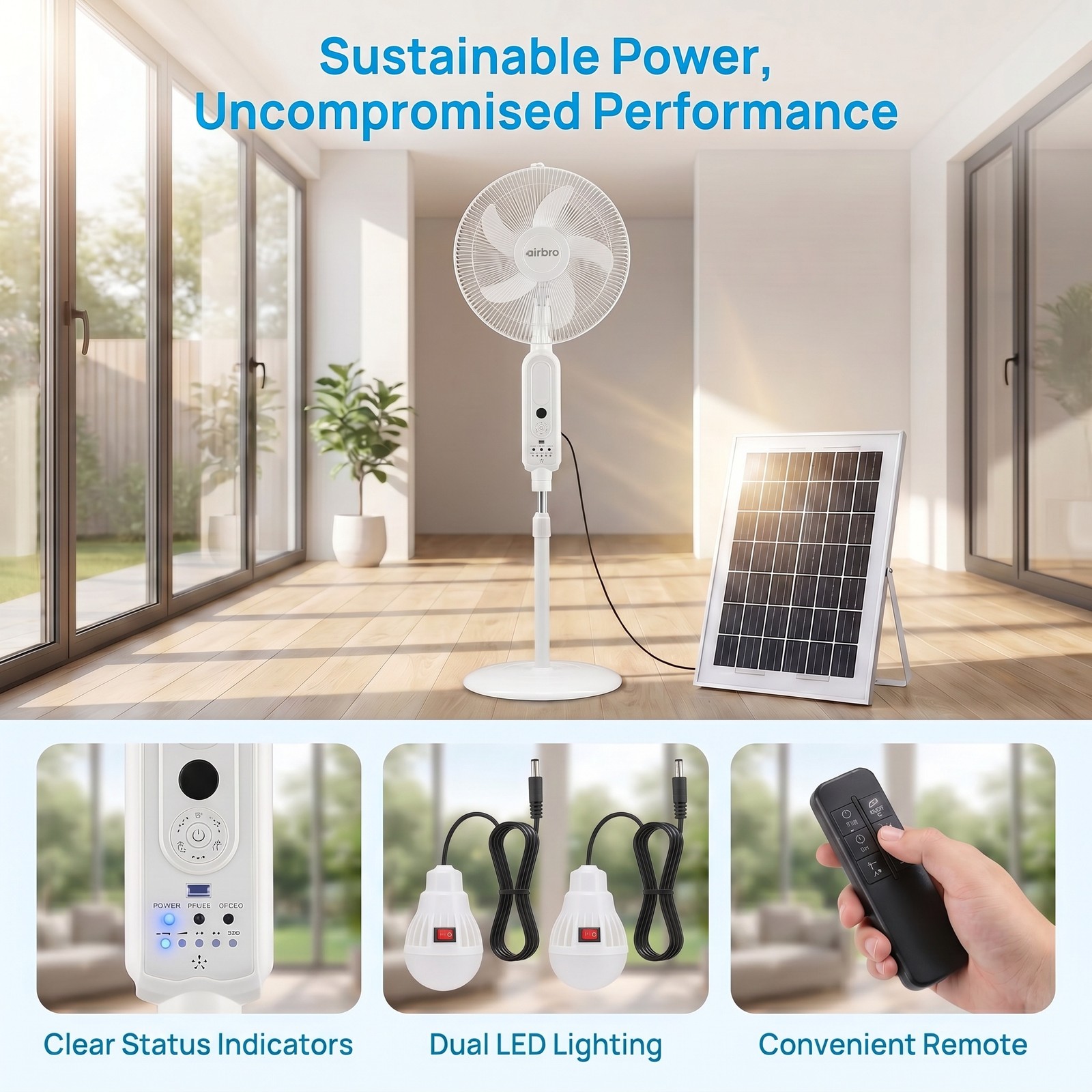 16 Inch Portable Solar Floor Fan Rechargeable Solar Panel Standing Pedestal Fan