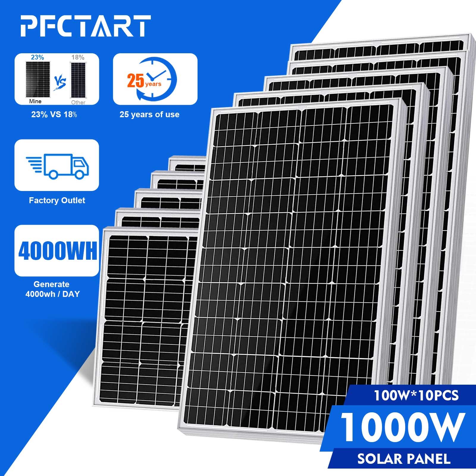 Solar Panel 1000W Watt Monocrystalline PV Power 12V For Home RV Marine Garden US