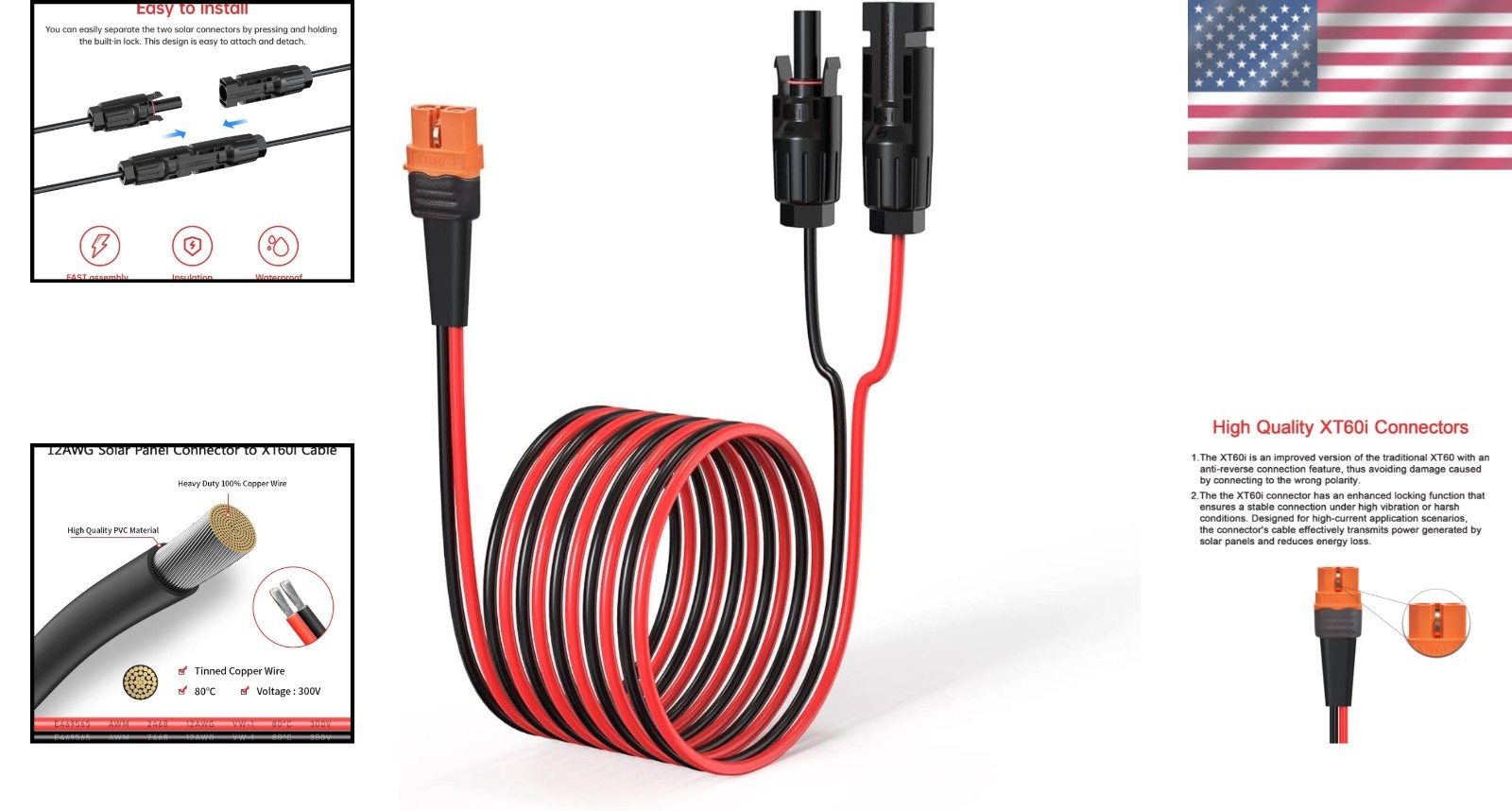 Versatile 10FT 12AWG Solar Cable with XT60i Connector – Ideal for Power Stations
