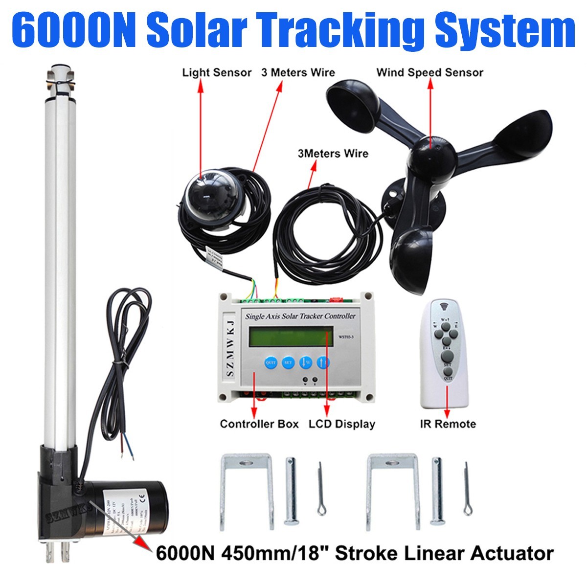 6000N Single Axis Solar Panel Tracker Controller +18″ Linear Actuator+Anemometer