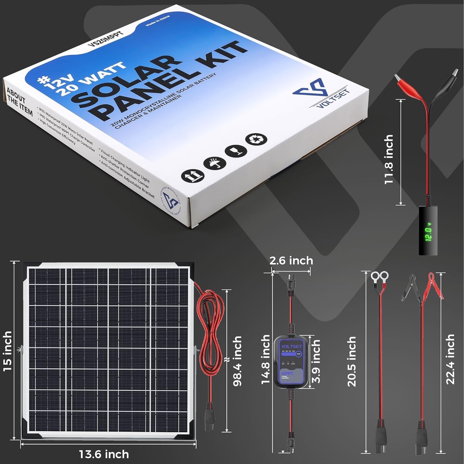 12V Solar Battery Charger with LCD Voltage Tester – 20W Solar Trickle Charger…