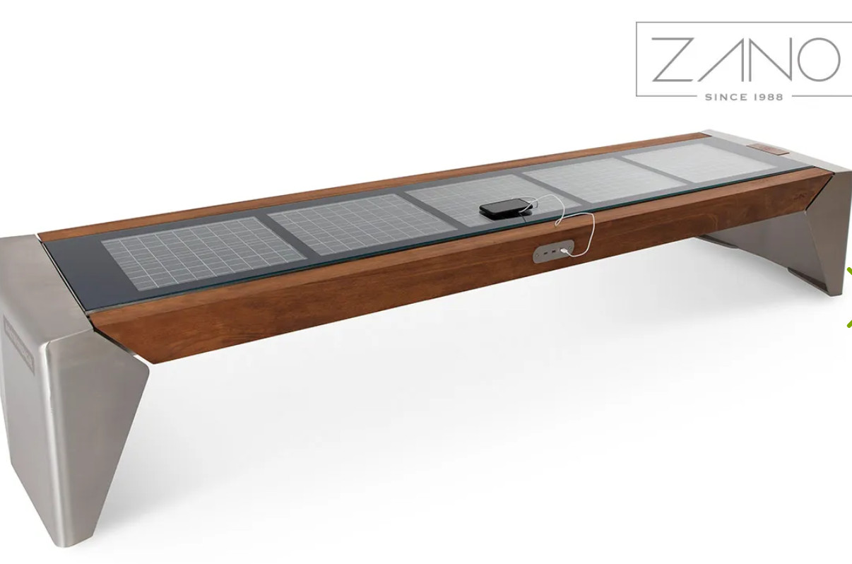 Modern Solar outdoor bench Photon. WIFI, lighting & charging station. USB ports
