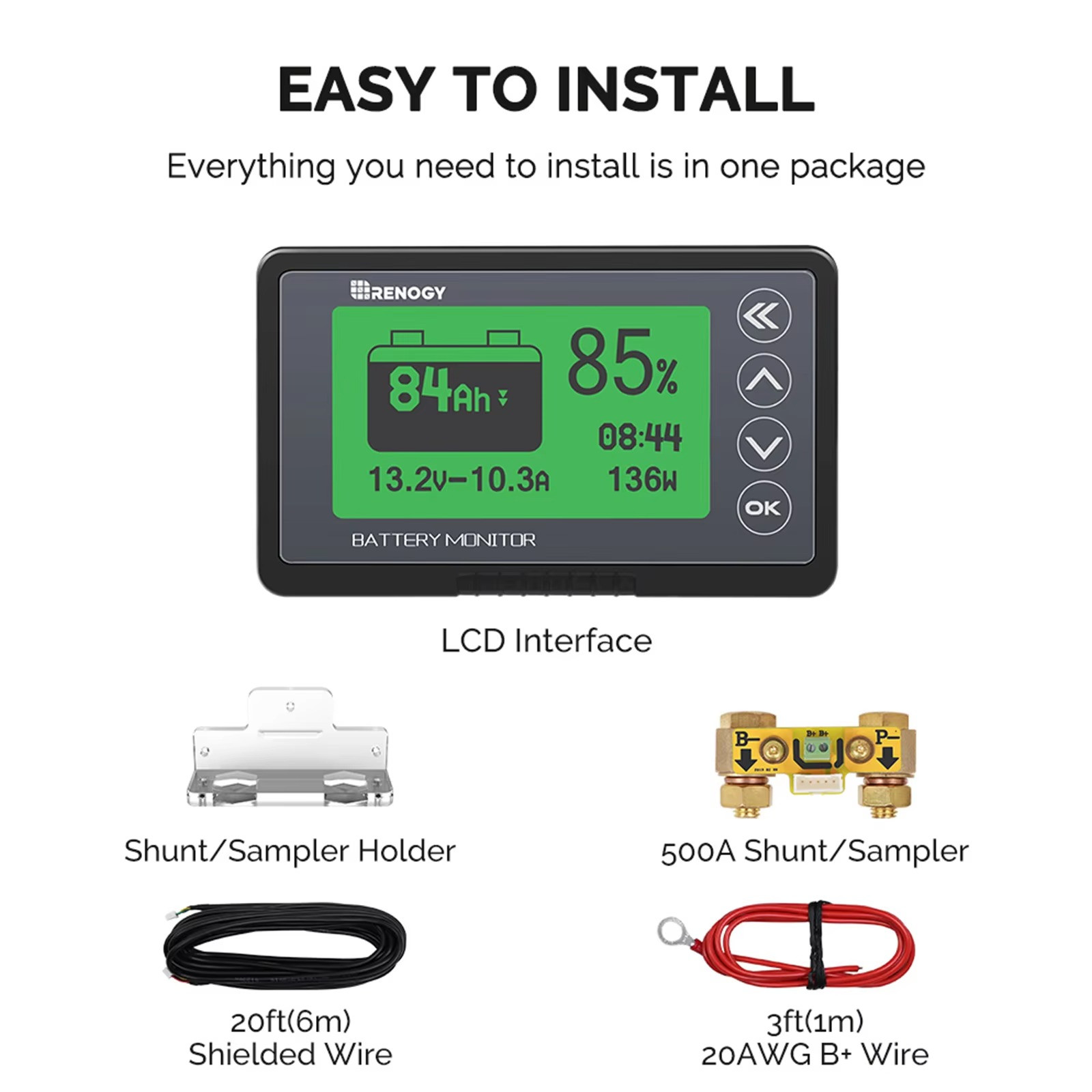 Renogy Battery Monitor 500A 10V-120V with Shunt High Low Voltage Alarm