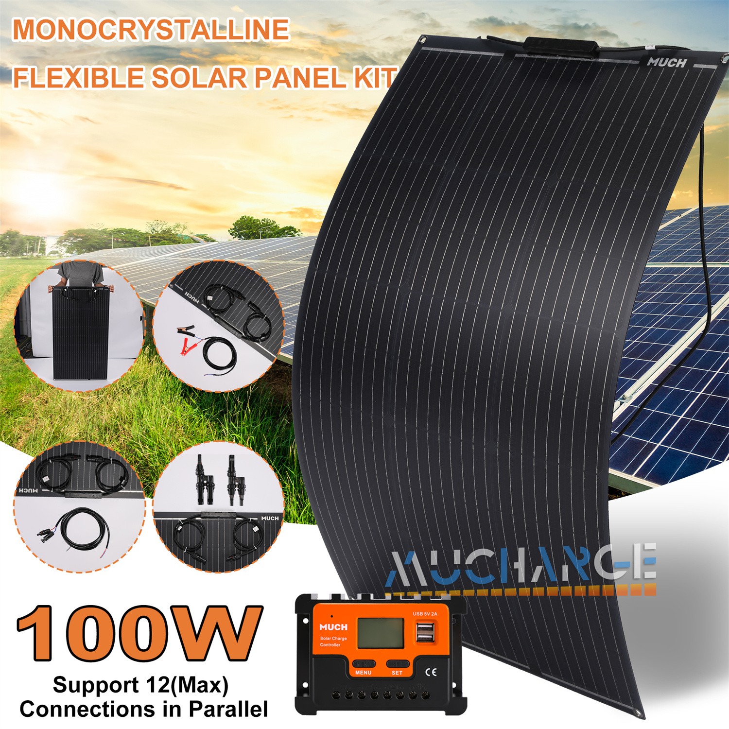 200/400W Monocrystalline Solar Panel Kits Portable for Camping RV Battery Charge