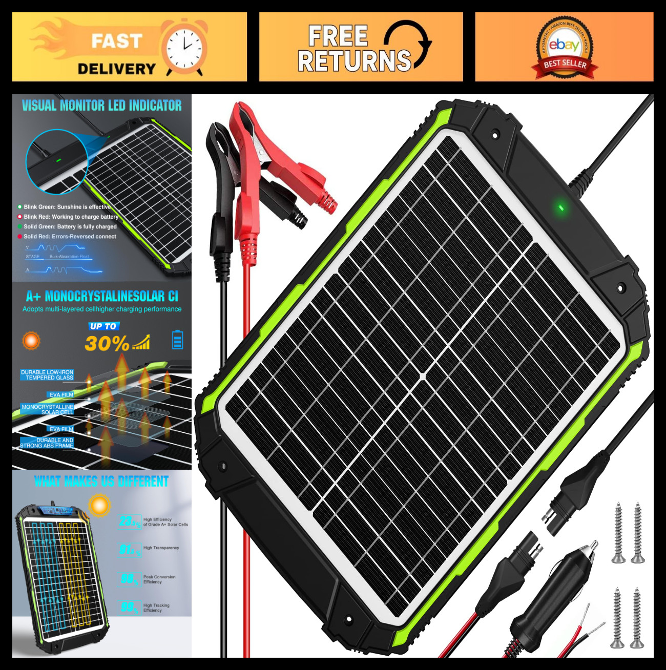 20W 12V Solar Battery Charger & Maintainer, Smart MPPT Controller, Waterproof Tr