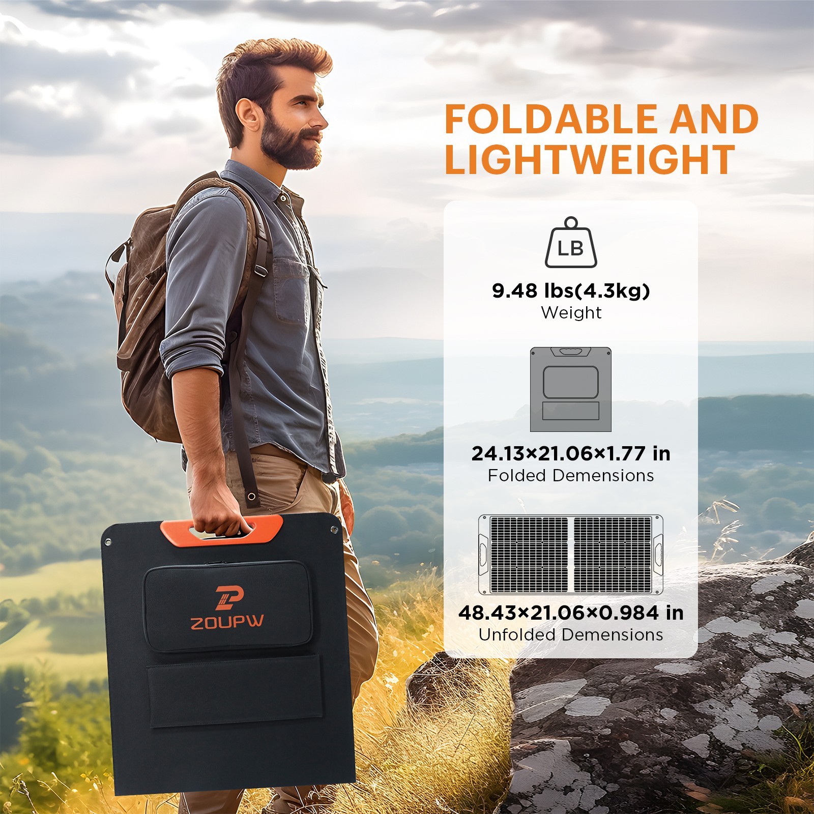 ZOUPW 100W Portable Solar Panel QC3.0 USB-A &Type-C Output for Power Station RV