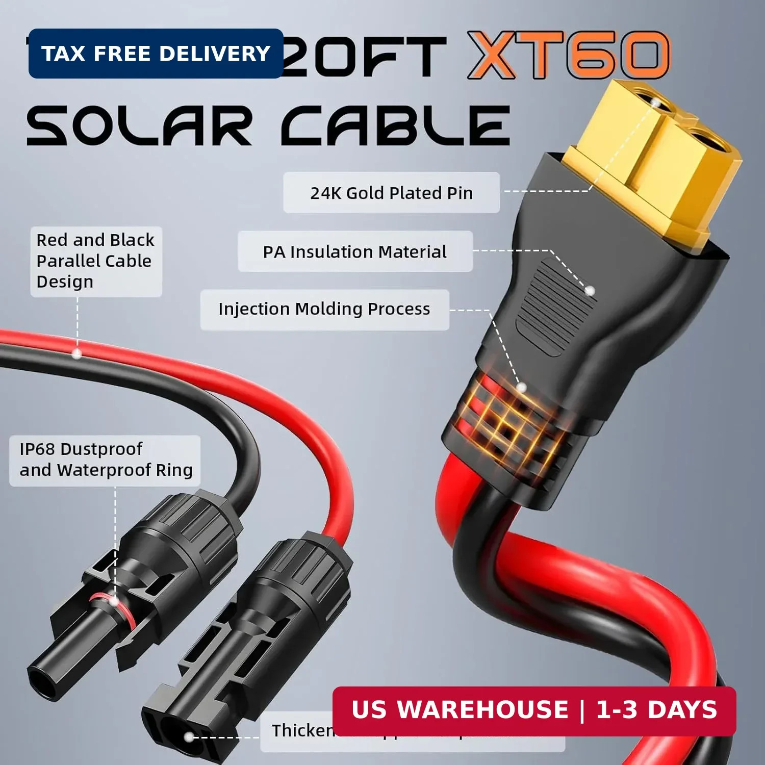 20FT 10AWG XT60 Solar Charging Cable, GIBBAB Solar Panel Connector to XT60 Exten