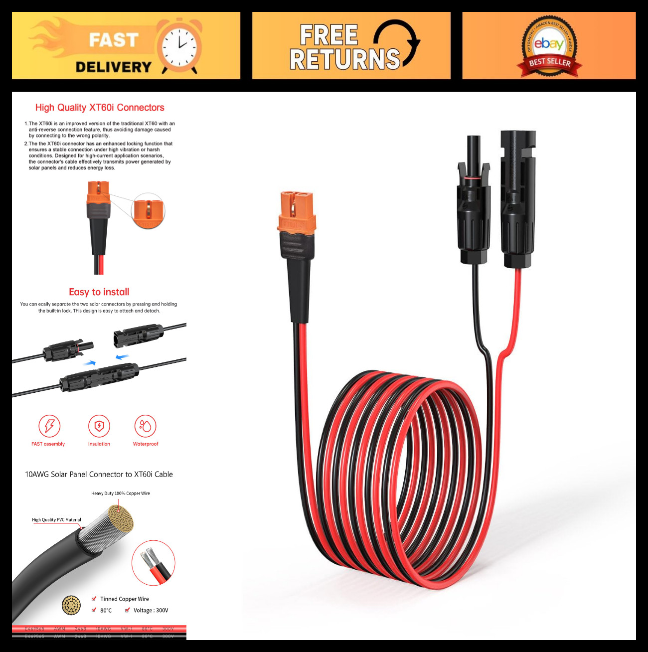 25FT 10AWG Solar to XT60i Adapter Cable for Portable Power Station – High Power