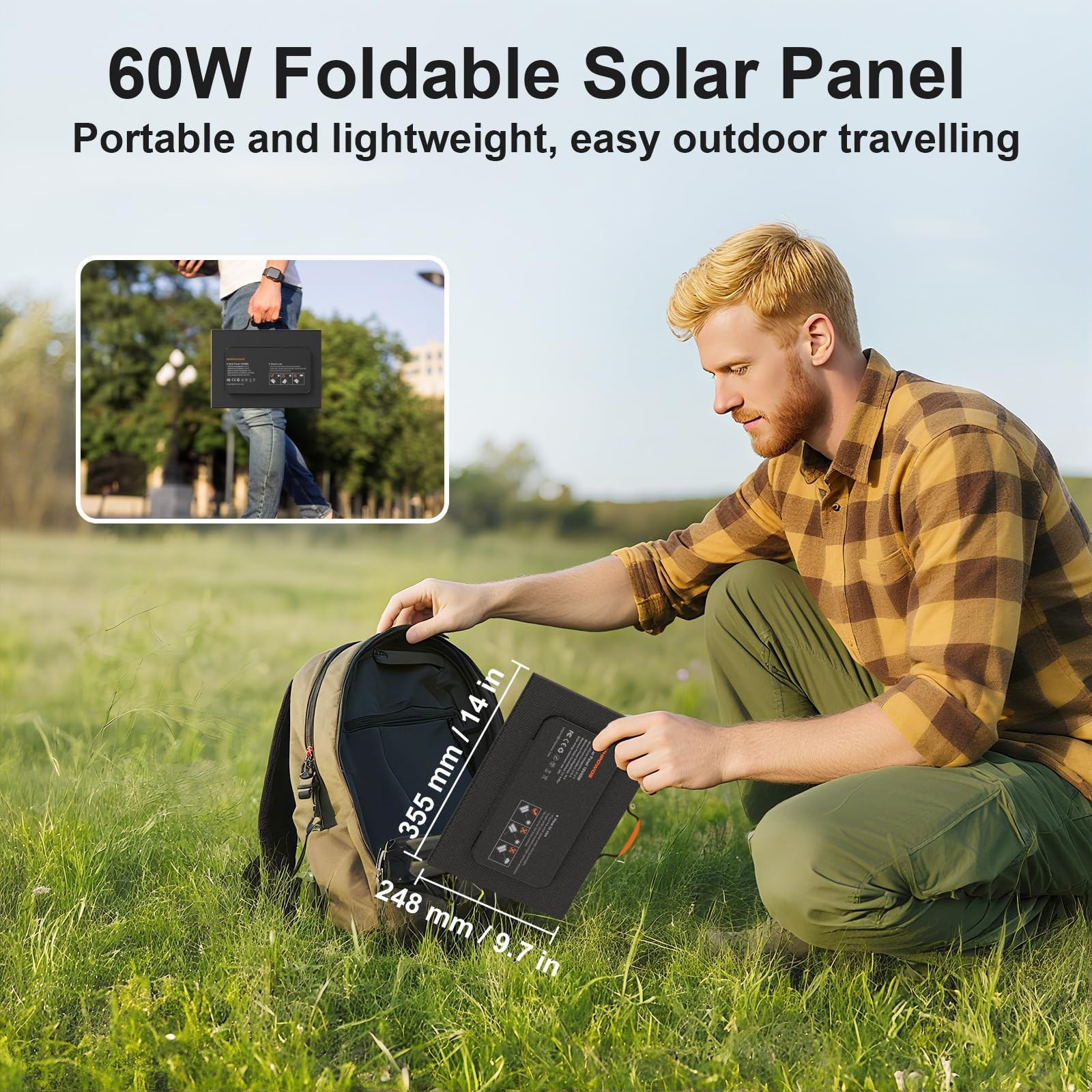 60W Portable Solar Panels Charger with USB-C, USB-A and DC Outputs Foldable I…