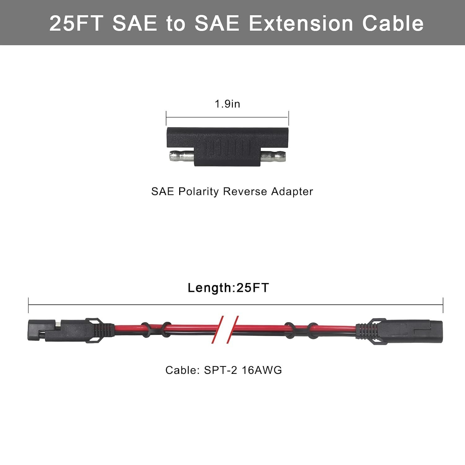 Weatherproof 25FT SAE Extension Cable with Polarity Reverse Adapter for Easy Use
